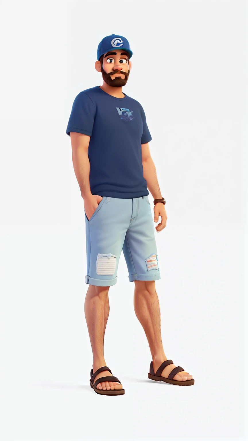 Estilo disney pixar, Um homem de barba e bigode, wearing a cap, usando uma camiseta na cor preta sem estampa, camiseta lisa, usando bermuda jeans, wearing sandals, pele lisa, rosto bonito, olhos bem feitos e bonitos olhando para frente.