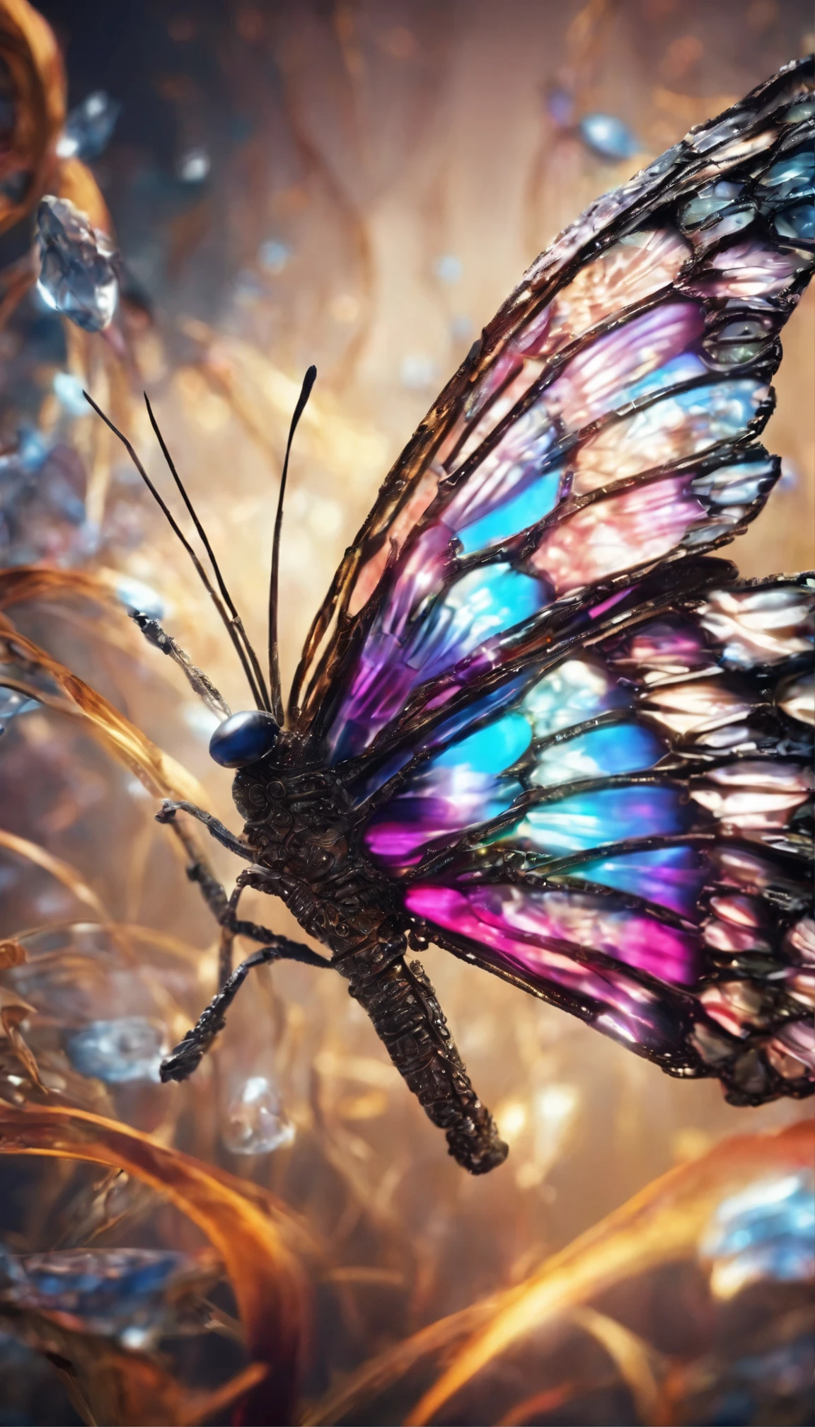Crystal butterfly,butterflys,Beautiful wings, Transparent body, Sparkling crystals, Delicate tentacles, vivd colour, Surreal background, ethereallight, flashing reflection, Complicated details, mysterious atmosphere,Fantastical, galaxias, cleanness, Sparkling, Sparkling, splendor, Colorful, amazing cinematography, dramatic lights, photo-realism, ultra - detailed, 4K, depth of fields, A high resolution