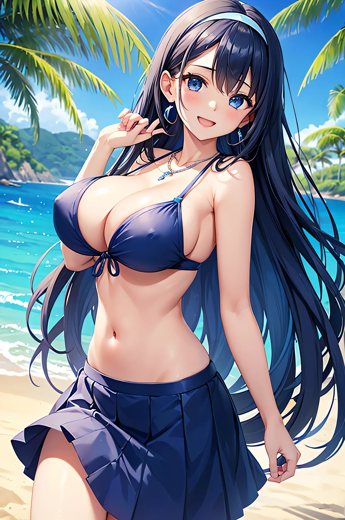 highest quality、Best image quality、masterpiece、beautiful girl、Navy blue long hair、blue eyes、Navy Blue Bikini、Big cleavage、(Big Breasts)、smile、blue necklace、Blue Earrings、background(Beach)、Sexy pose、Please open your mouth wide、Navy Blue Skirt、White headband、Dynamic Angle