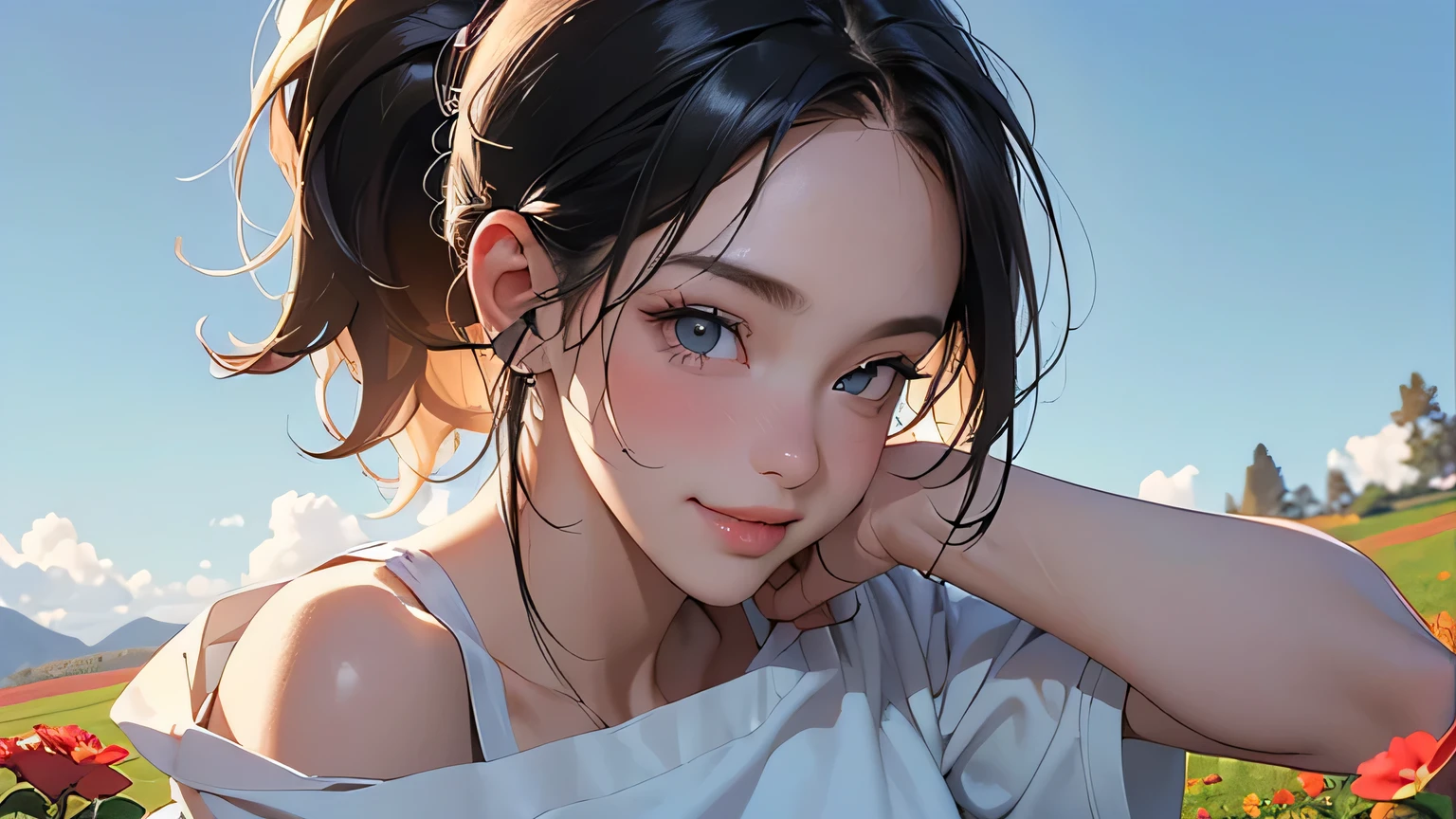 (8k, RAW photo, highest quality, masterpiece), high-resolution RAW color photo, full body, beautiful hip line, big breasts, black hair, ponytail, face surrounded by flowers, white headphones, motionless, professional Close-up, Dynamic fist pump (Real, Photorealism: 1.37), (Best quality), (Best shadow), (Best illustration), Clavicle ((Large)), ((Erotic, Sexy, Ultra HD, High quality CG-integrated 8K wallpapers, physically-based rendering, movie lighting), Best picture quality, Amazing details, Ultra-high resolution, (Realism: 1.4), Best illustrations, (Maximum resolution: 1.2), (Ultra-high resolution: 1.2), Cinema light, 8K resolution, beautiful eyes and skin, detailed face, perfect style, cute face, accurate, anatomically correct, highly detailed face and skin texture, ((Top quality, 8k, Masterpiece: 1.3 )), Sharpness: 1.2, Perfect Body Beauty: 1.4, Big Breasts, Slim Abs: 1.2, Blushing, Clouds in the Sky Smiling at the Viewer , Chest, Blushing Cheeks, Flowing Hair. She is wearing a crop top and short. Must be wearing pants. It must resemble an attractive anime style. As for the picture quality, (best quality, 4K, 8K, high resolution, masterpiece: 1.2Nal photo, smile, sun. A smiling, crumpled and smiling innocent and cute person wearing white headphones in the countryside, fields, meadows, crop fields, different types of flowers and plants, ((farmer)), masterpiece, highest quality, sharp focus, Intricate details, perfection, golden ratio composition, 8K resolution, high resolution, beautiful, beautiful sky, vivid pastel colors, bright colors, beautiful red flowers next to the face, reflection of the pull