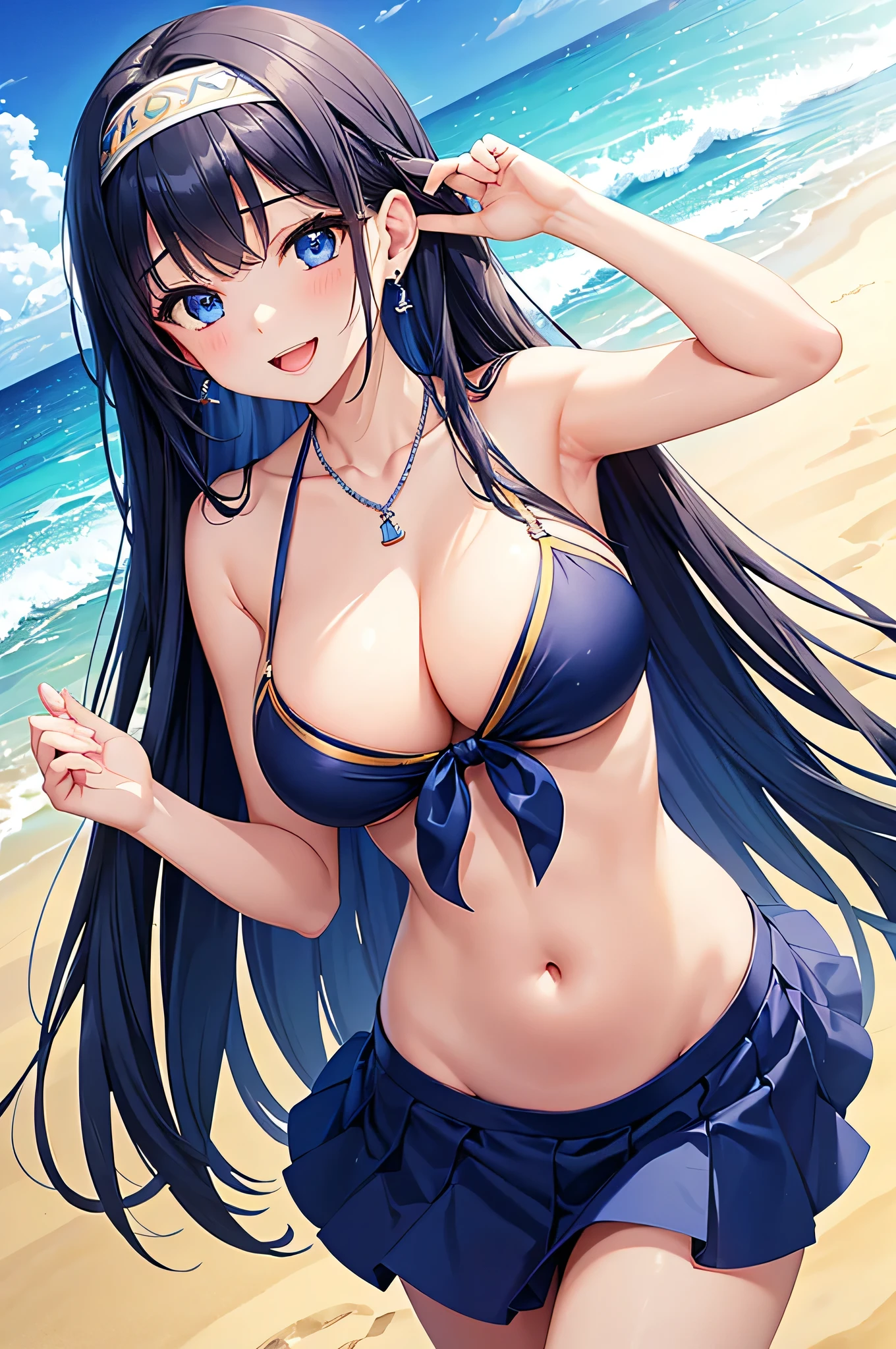 highest quality、Best image quality、masterpiece、beautiful girl、Navy blue long hair、blue eyes、Navy Blue Bikini、Big cleavage、(Big Breasts)、smile、blue necklace、Blue Earrings、background(Beach)、Sexy pose、Please open your mouth wide、Navy Blue Skirt、White headband、Dynamic Angle
