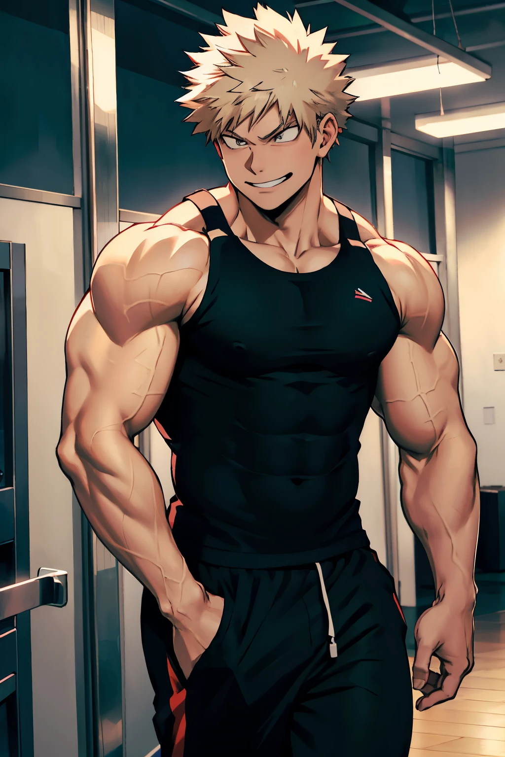 Katsuki Bakugo from Boku No Hero Academia, wearing black gym pants and black tank top, smug smile, bodybuilder, defined body, abs, big muscles, walking