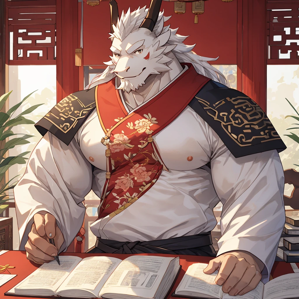 (white eastern dragon),furry,fuii body shot,white mustache,big pecs,hearty males,artbook,muscular,Hanfu,holding_stylus,sitting_on_desk,adult,traditional_chinese_room