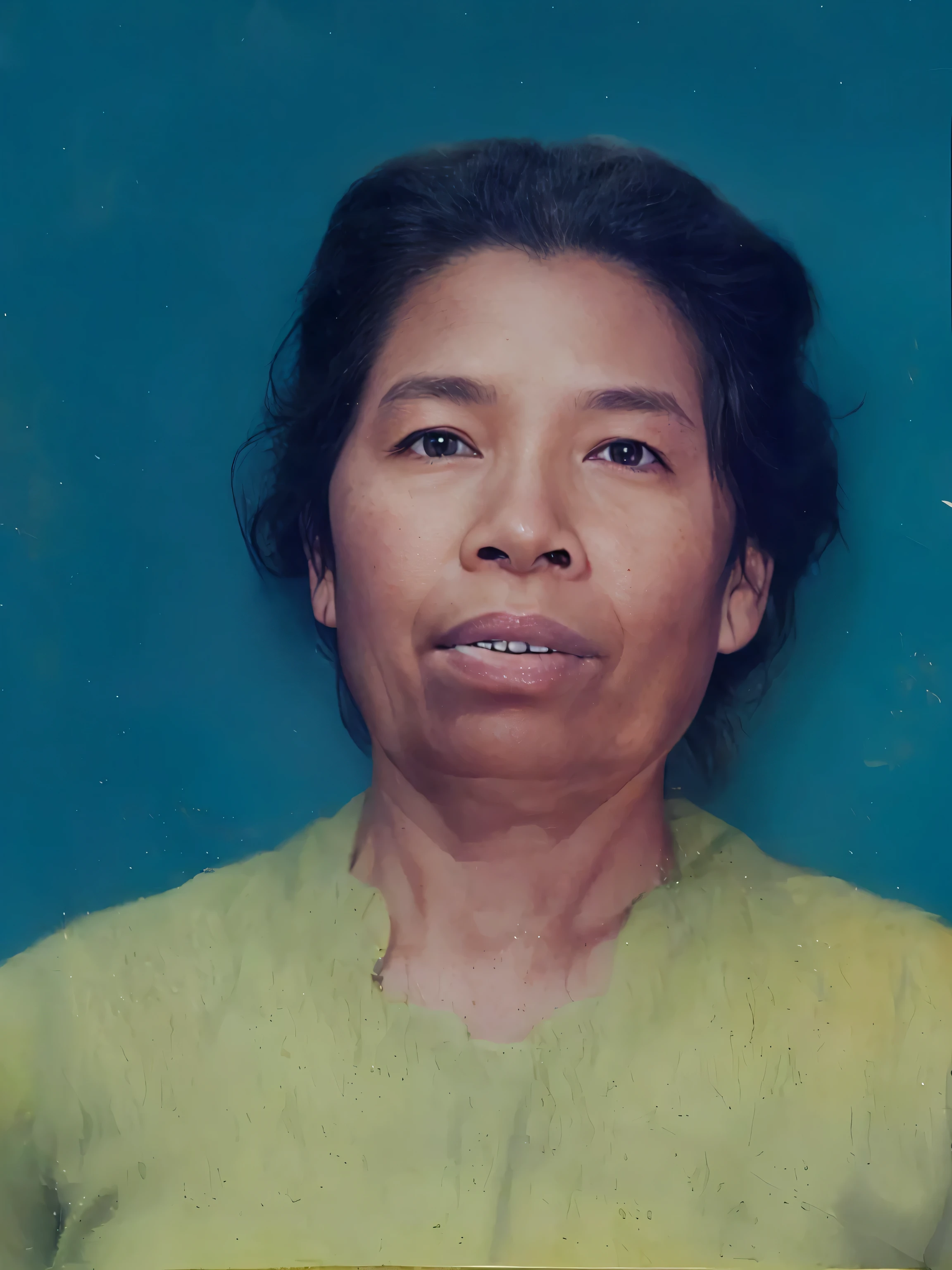 Make this photo look detailed and realistic, there is a woman with a toothbrush in her mouth, digital oil on canvas, realistic restored face, inspired by Ruth Jên, real life portrait, ugly woman, transformation portrait, portrait 6 0 - year - old woman, portrait of a 40 years old women, photo of a woman, color portrait, south east asian with round face, potrait
