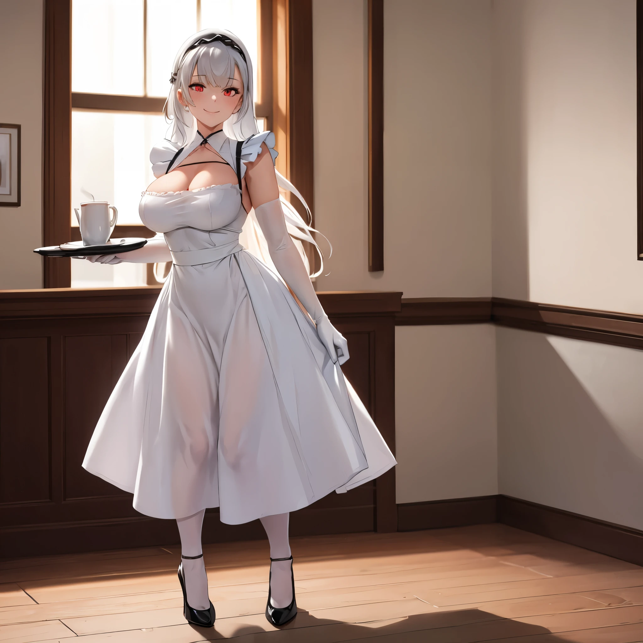 A woman wearing a white maid dress, black skirt, white apron, white tights, white gloves, long white hair, red eyes, big breasts, black heels, smiling, full body, holding a tray perfectly with a cup of coffee and sandwich, (just a tray), walking into a luxury room, background window, projected shadow, anaglyph, stereogram, tachi-e, dot view, atmospheric perspective, 8k, superdetail, accurate, best quality, award-winning, textured skin, high resolution, anatomically correct, bokeh effect, ((solo woman)
