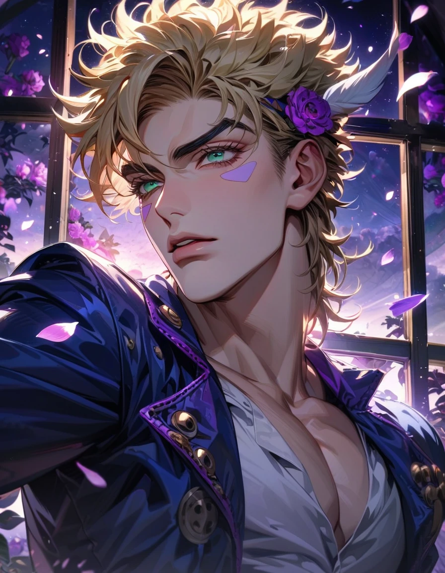 absurdres, highres, ultra detailed, HDR, master piece, ultra detailed picture, extremely detailed face and eyes, Caesar Anthonio Zeppeli, blonde hair, expressive green eyes, Jojo bizarre adventure, sexy man, solo, handsome, blue coat, white shirt, moon, window, purple flowers, petals, purple shining lights