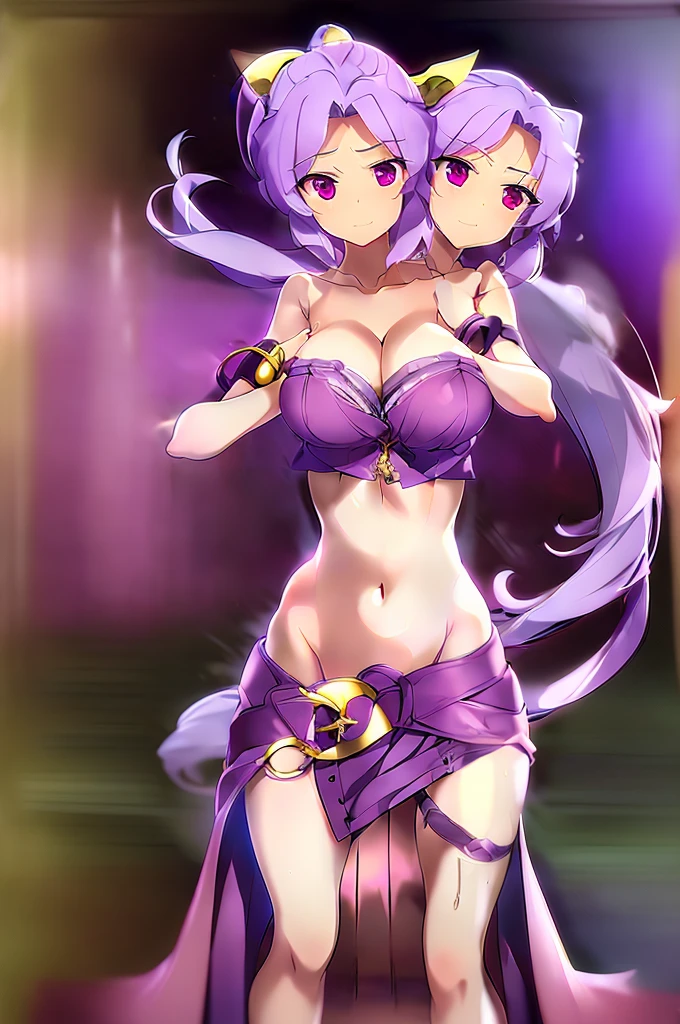 (masterpiece, best quality), best quality, (ultra-detailed), (3heads:1.5), 1girl, (watatsuki no yorihime:1.3), masterpiece, best quality, ultra quality, ultra resolution, ultra detail, dark red top, small crop top, ((stomach)), midriff, ((groin)), open midriff, dark red skirt, miniskirt, normal ears, shackles, light purple hair, tied into a ponytail, very long hair, wavy hair, sidelocks, purple eyes, parted lips, sweat, cute, open belly, toned belly, hand on own chest, eyelashes, (24 year old woman:1.3), (masterpiece:1.5), (best quality:1.5), (beautiful detailed), extremely detailed CG, extremely delicate and beautiful, depth of field, (finely detailed face), (perfect details:1.2), (mature female:1.3), wide pelvis, slender, large veiny breast, 16k resolution, highres, very high quality, very high definition, extremely detailed, masterpiece, light purple hair, long hair, alluring presence, braid, short skirt, close up, big tits, young, white bonnet, red bow, open belly, midriff, nsfw,