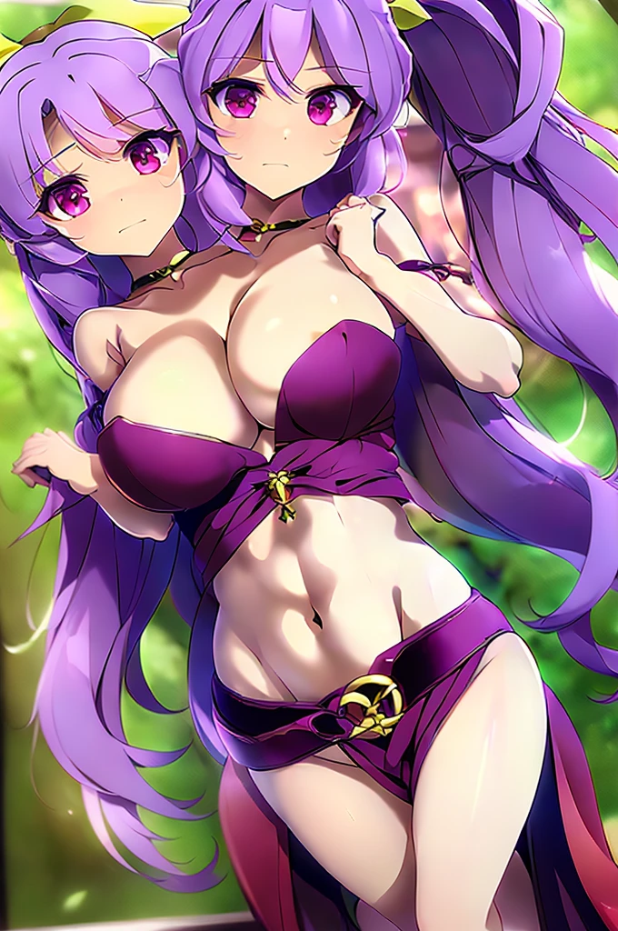 (masterpiece, best quality), best quality, (ultra-detailed), (3heads:1.5), 1girl, (watatsuki no yorihime:1.3), masterpiece, best quality, ultra quality, ultra resolution, ultra detail, dark red top, small crop top, ((stomach)), midriff, ((groin)), open midriff, dark red skirt, miniskirt, normal ears, shackles, light purple hair, tied into a ponytail, very long hair, wavy hair, sidelocks, purple eyes, parted lips, sweat, cute, open belly, toned belly, hand on own chest, eyelashes, (24 year old woman:1.3), (masterpiece:1.5), (best quality:1.5), (beautiful detailed), extremely detailed CG, extremely delicate and beautiful, depth of field, (finely detailed face), (perfect details:1.2), (mature female:1.3), wide pelvis, slender, large veiny breast, 16k resolution, highres, very high quality, very high definition, extremely detailed, masterpiece, light purple hair, long hair, alluring presence, braid, short skirt, close up, big tits, young, white bonnet, red bow, open belly, midriff, nsfw,