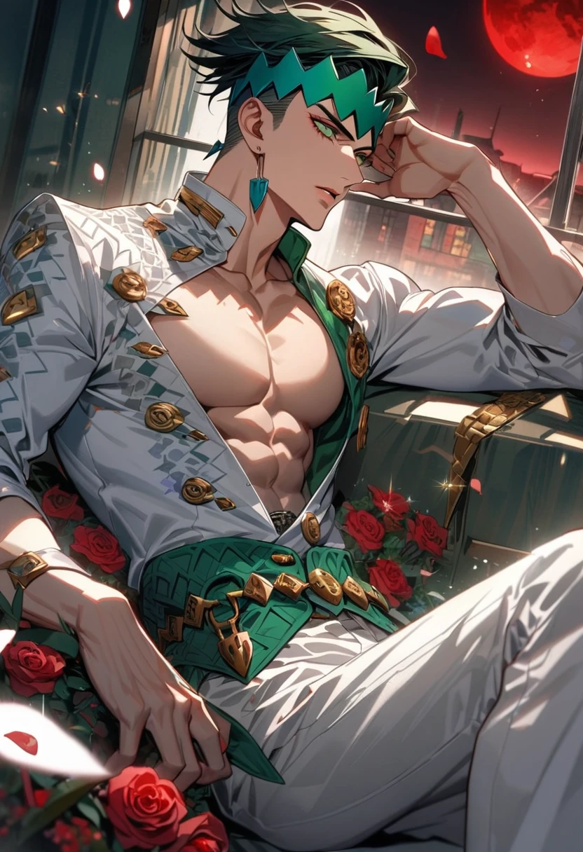Ultra detailed, HDR, Highres, absurdres, master piece, Kishibe Rohan, dark green hair, expressive green eyes, white clothes with patterns, Jojo Bizarre Adventure, window, red moon, red roses, petals, ice roses,  man, solo, extremely detailed face and eyes, extremely handsome, glittering, white pants, toned ,