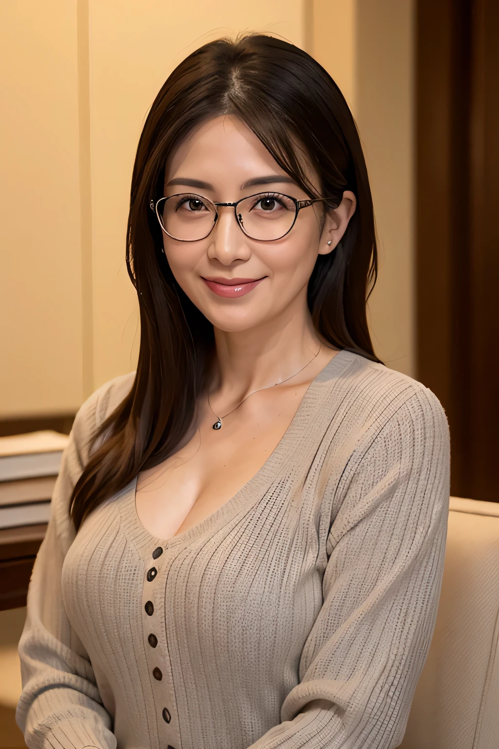 8k, highest quality, masterpiece, Realistic, Photorealistic, Ultra-detailed, Natural light, large breasts with good shape, I can see her cleavage, 1 person, 40-year-old woman, Black Hair, Beaver, Straight Hair, Silver-rimmed glasses, (Look at the viewers), Knitted V-neck shirt, Highly detailed face and skin, Detailed eyes, Highly detailed face and skin,Date Book,Mature Woman,Book,A big smile