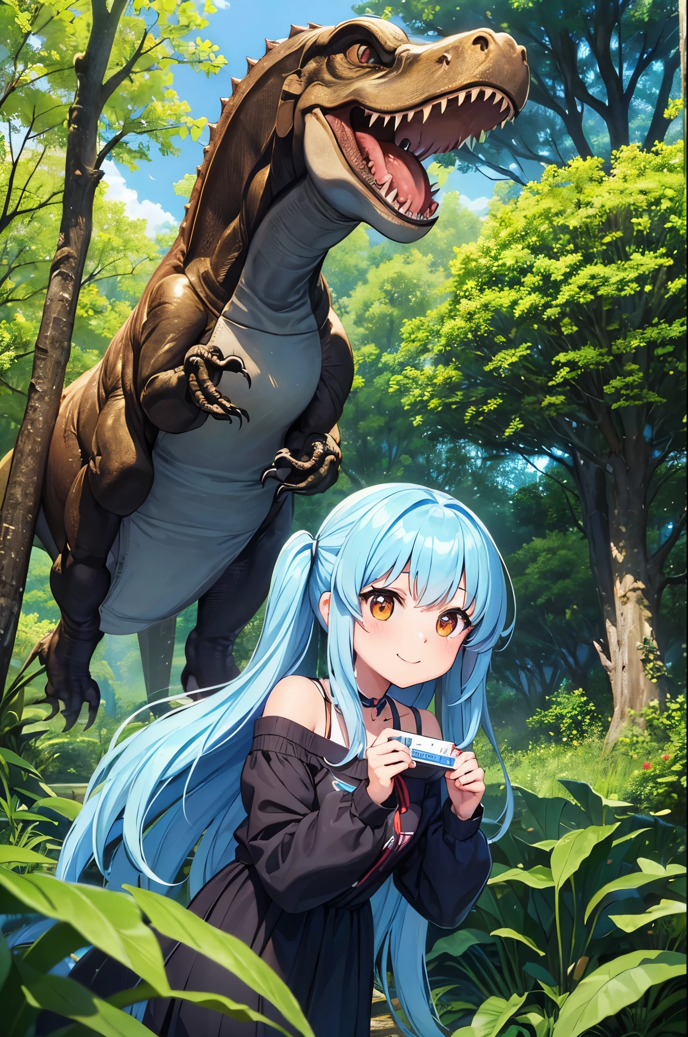 (girl), (t-rex, Tyrannosaurus head:1.3), (Big Museum)、Light blue long hair、 Beautiful girl with twin tails、looking at the camera、A girl exploring the virgin forest、Platinum Skin, smile, Primitive Earth、 Big tree, Flying Dinosaur