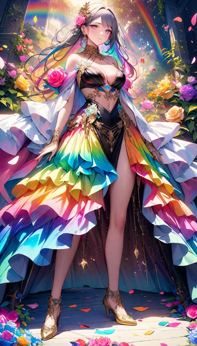 ransport viewers into a realm of awe-inspiring beauty and boundless imagination with an electrifying painting that marries the ethereal allure of a Rainbow Rose with the avant-garde glamour of high fashion.
Envision a transcendent fashion spectacle unfolding in a mythical garden, where models adorned in haute couture creations inspired by the mesmerizing hues of the Rainbow Rose glide gracefully amidst a kaleidoscope of colors and textures.
Each garment is a masterpiece of craftsmanship, meticulously crafted to emulate the intricate patterns and iridescent sheen of the flower's petals. From billowing gowns adorned with cascading rainbow ruffles to sleek, form-fitting ensembles adorned with delicate floral embroidery, every outfit exudes an air of opulence and enchantment.
The runway itself becomes a stage for a symphony of movement and color, as models strut with confidence and poise, their silhouettes illuminated by the soft glow of ethereal lights casting rainbow-hued shadows upon the enchanted garden.
In the background, towering trees adorned with blooming Rainbow Roses reach towards the sky, their branches intertwined with cascades of vibrant flowers and lush foliage, creating a breathtaking backdrop for the unfolding spectacle.
As viewers gaze upon this mesmerizing scene, they are transported into a world where the boundaries between reality and fantasy blur, and the beauty of nature merges seamlessly with the creativity of human expression. "Floral Symphony: A Rainbow Reverie" is not merely a painting—it is an immersive experience that ignites the imagination and leaves a lasting impression on all who behold its splendor.