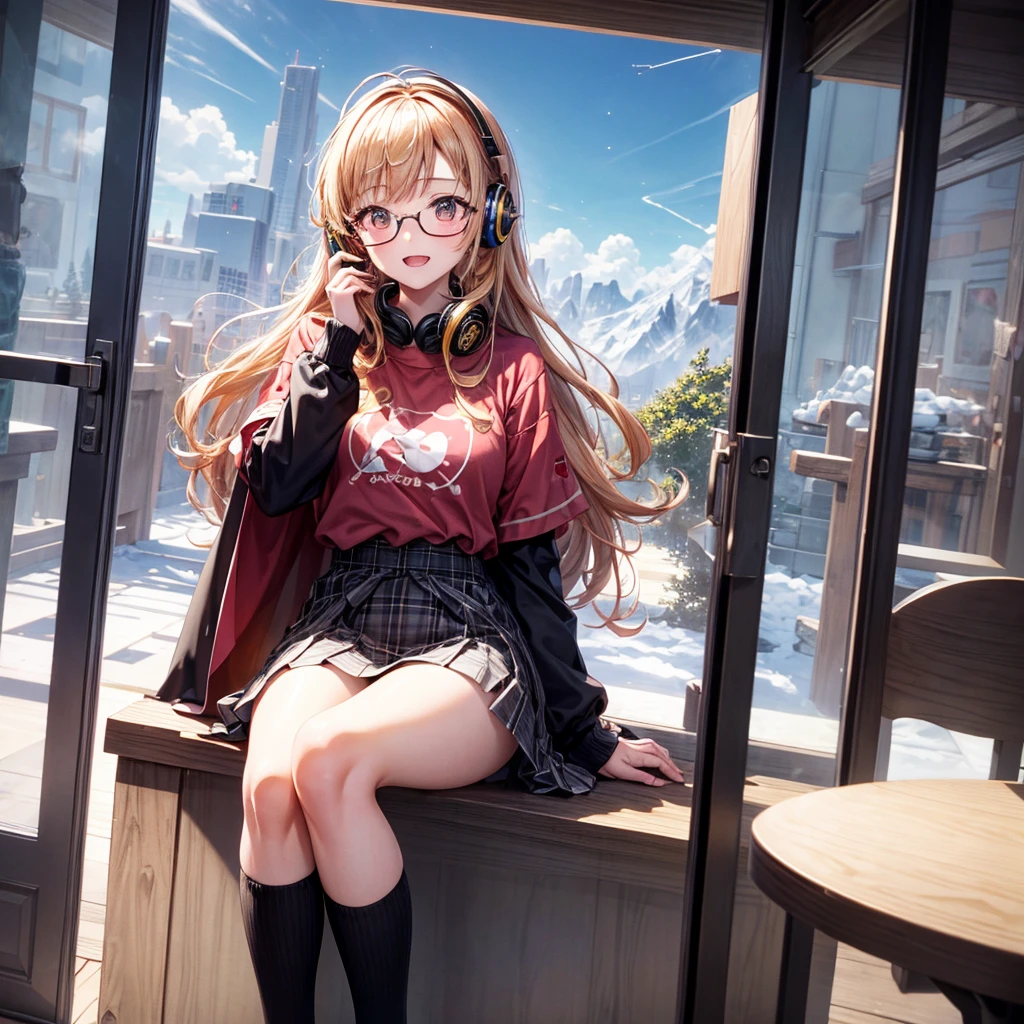 Pink gold golden hair、Golden Eyes、One good looking girl、solo、anime、Checkered mini skirt、The skirt has buttons、Red T-shirt、Long sleeve、China、Cape、Black knee-high socks、Wearing headphones、Wearing a ribbon、Ribbon on waist、Tilting face、Teeth are visible、Sunset sky、The rocks are exploding、Snow is piled up、Rocky Mountain、The clouds are breaking through、Contrail、Glasses、Behind him is a giant world tree、Sitting、Automatic door、Burning Teacup