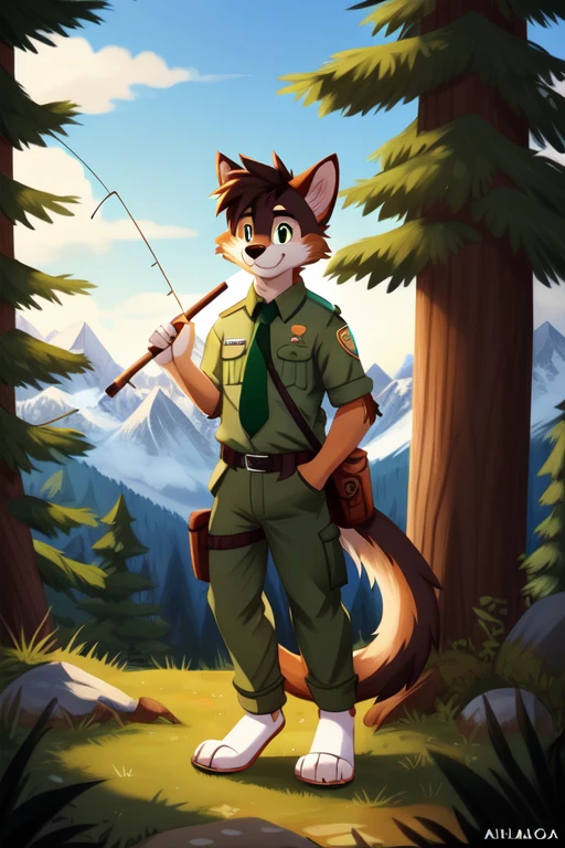 solo，full body，Male，Cat，park ranger，trousers，outdoor，park ranger green tie, the ranger is on his way fishing with a pole ，((Campaign Cover))，Evergreen pine forest and mountains national park in the background， park ranger jeep，Environmental protection area, Furry, Anthro,