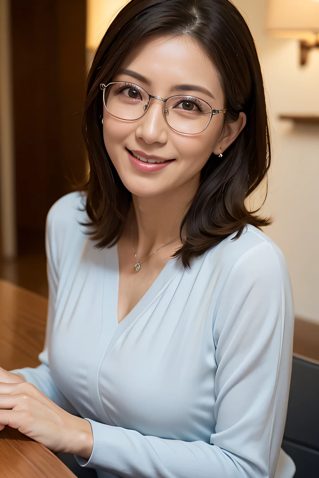 8k, highest quality, masterpiece, Realistic, Photorealistic, Ultra-detailed, Natural light, large breasts with good shape, I can see her cleavage, 1 person, 40-year-old woman, Black Hair, Beaver, Straight Hair, Silver-rimmed glasses, (Look at the viewers), Knitted V-neck shirt, Highly detailed face and skin, Detailed eyes, Highly detailed face and skin,Date Book,Mature Woman,Book,A big smile