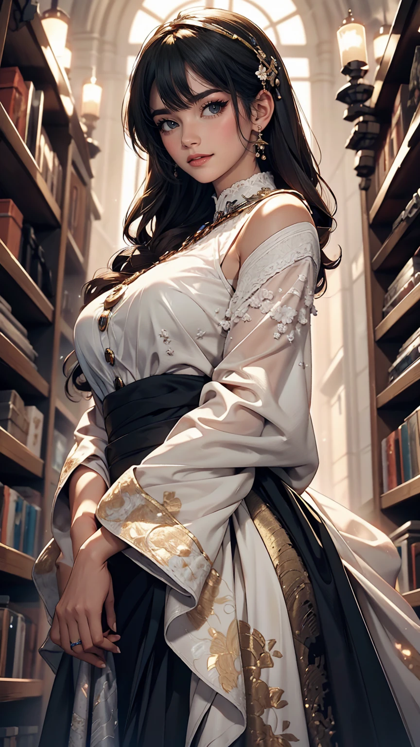 a woman sitting on a chair in front of a bookshelf, smiley face smile on face, huge breasts, hot body curves, beautiful flowers, black hair, book library studying, bookshelves, book shelves, book, white map library, in a ravaged library, in a library, reading for a party, library, in a white boho style studio, book shelf, in opulent library, reading, beautiful adult book fairy