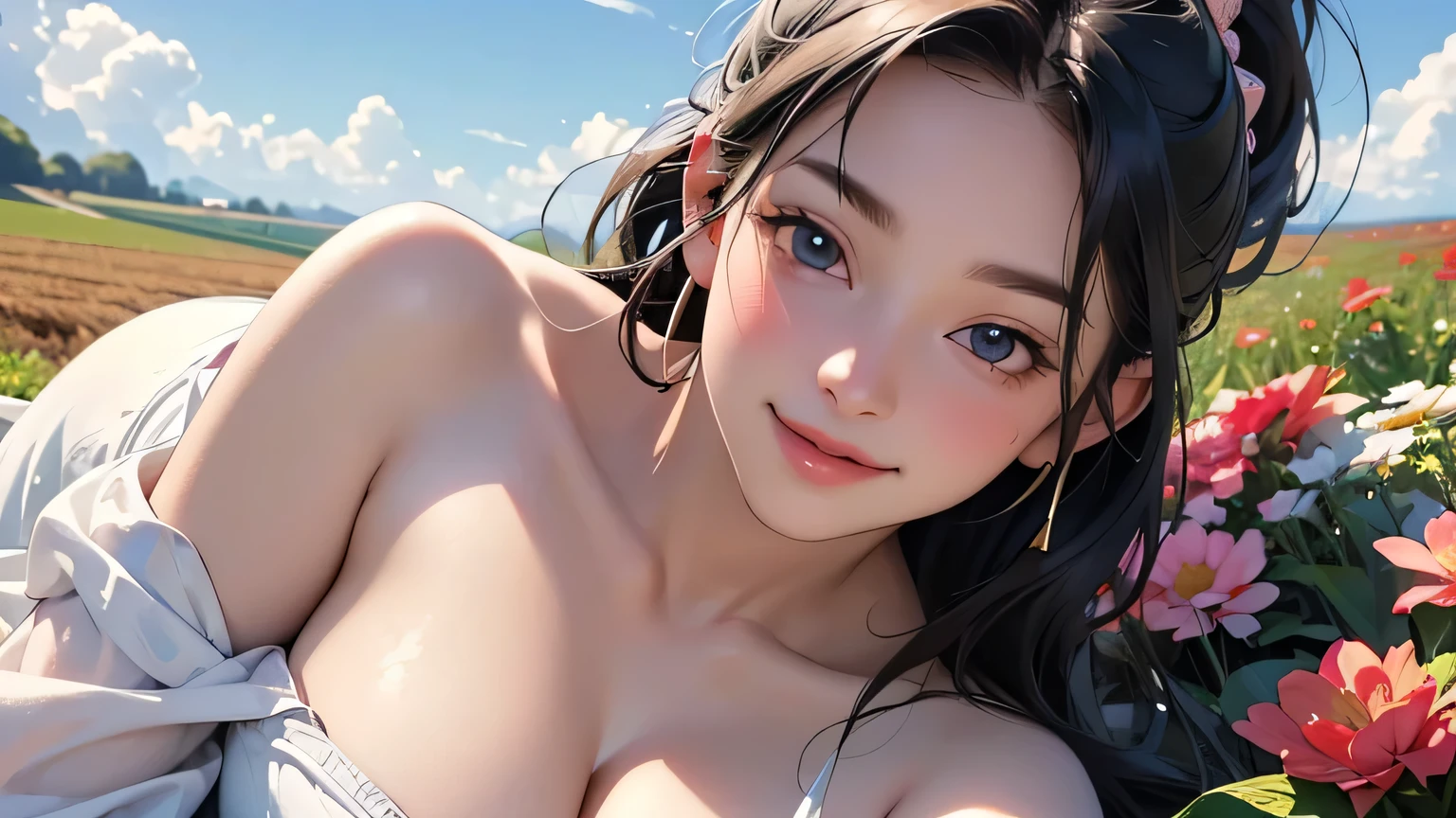 (8k, RAW photo, highest quality, masterpiece), High resolution RAW color photo, Full body, Beautiful hip line, Naked, Big breasts, Black hair, Ponytail, Face surrounded by flowers, White headphones, No movement, Professional close-up, Dynamic fist pose (Real, Photorealism: 1.37), (Best quality), (Best shadow), (Best illustration), Clavicle ((Large)), ((Erotic, Sexy, Ultra HD, High quality CG-integrated 8K wallpapers, physically-based rendering, movie lighting), Best picture quality, Amazing details, Ultra-high resolution, (Realism: 1.4), Best illustrations, (Maximum resolution: 1.2), (Ultra-high resolution: 1.2) ), Cinema Light, 8K Resolution, Beautiful Eyes and Skin, Detailed Face, Perfect Style, Cute Face, Accurate, Anatomically Correct, Highly Detailed Face and Skin Texture, ((Top Quality, 8K, Masterpiece : 1.3)), Sharpness: 1.2, Perfect body beauty: 1.4, Big breasts, Slim abs: 1.2, Blushing, Clouds in the sky smiling at the viewer , Chest, flushed cheeks, flowing hair. And must be wearing shorts. It must resemble an attractive anime style. For picture quality (best quality, 4K, 8K, high resolution, masterpiece: 1.2Nal photo, smile, sun. Innocent and cute smiling face crumpled, wearing white headphones, countryside, field, meadow, crop fields, different types of flowers and plants, ((farmer)), masterpiece, top quality, sharp Focus, Intricate details, Perfection, Golden Ratio composition, 8K resolution, High resolution, Beautiful, Beautiful sky, Vibrant pastel colors, Bright colors, Beautiful red flowers next to the face, Reflection of pull