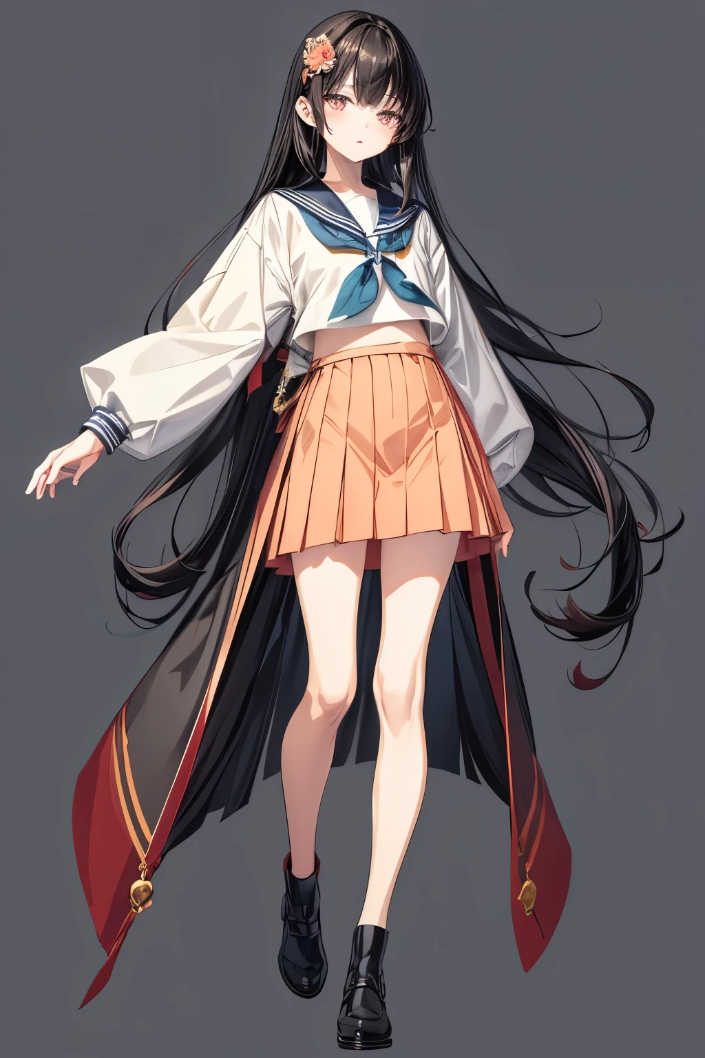 (flat color:1.1),(masterpiece:1.2), original, medium length straight black hair, peach-colored eyes, mature female wearing sailor fuku