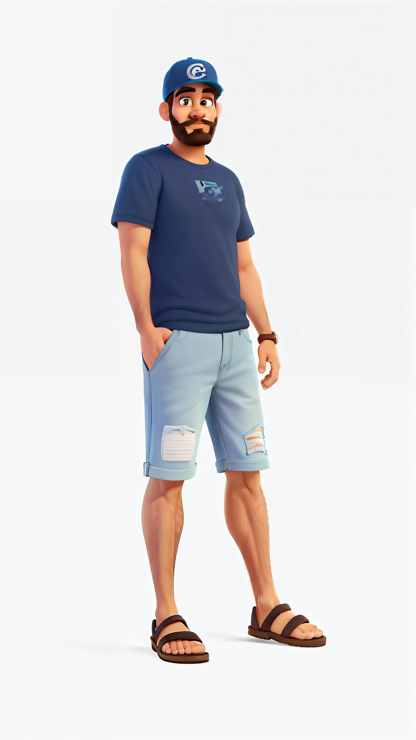 Estilo disney pixar, Um homem de barba e bigode, wearing a cap, usando uma camiseta na cor preta sem estampa, camiseta lisa, usando bermuda jeans, wearing sandals, pele lisa, rosto bonito, olhos bem feitos e bonitos olhando para frente.
