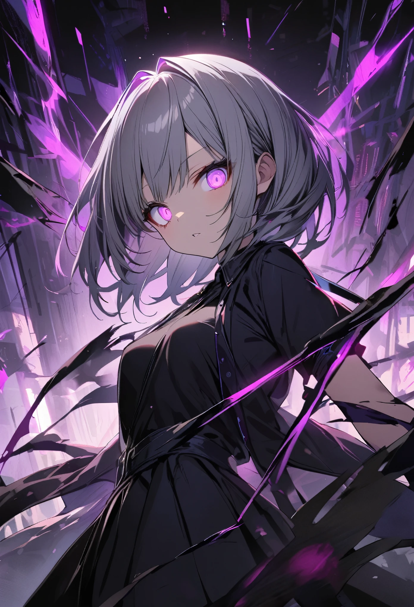 Japanese, 1 girl, Purple glowing eyes, View your viewers, Gray Hair, Black Dress,