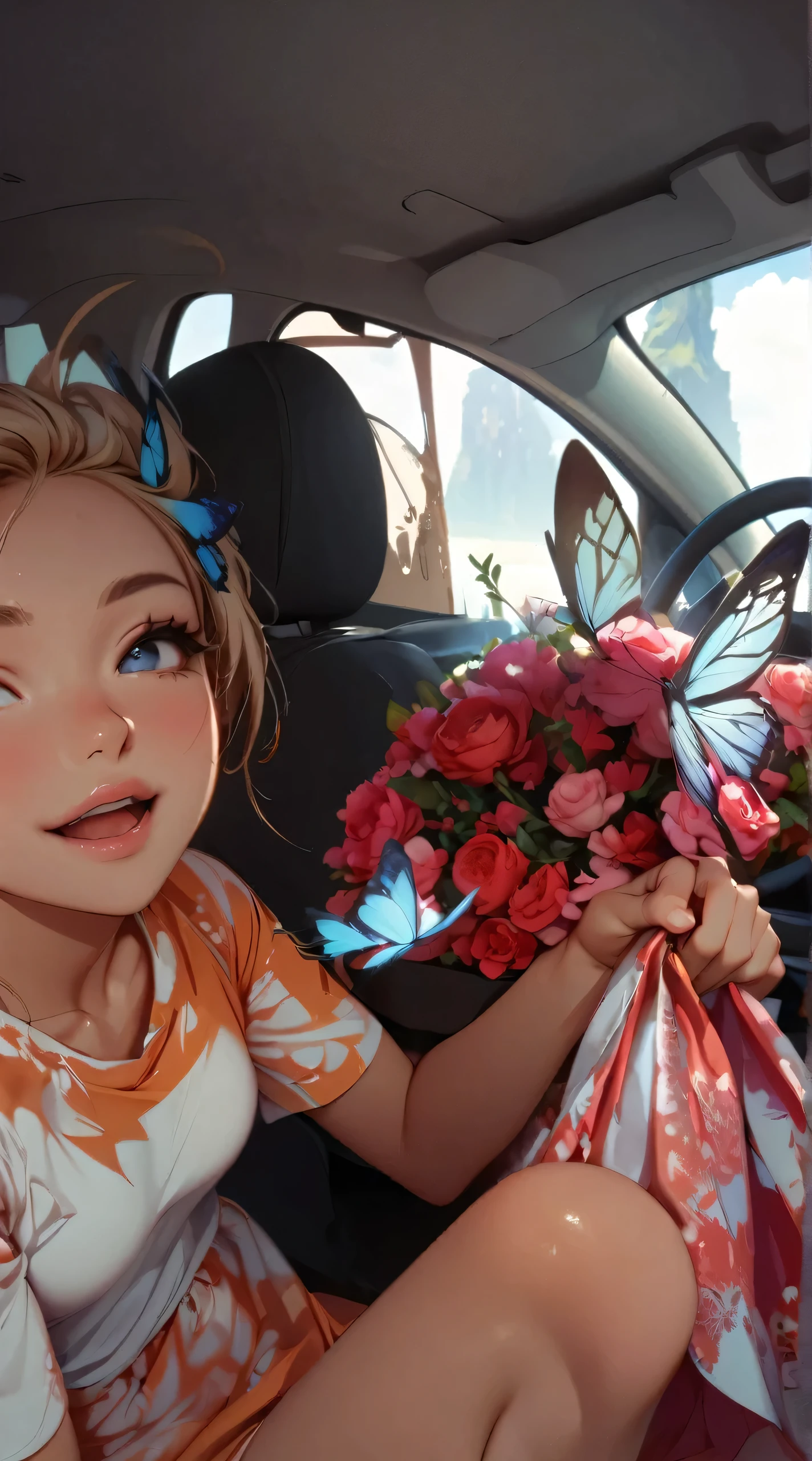 (highest quality:1.2, Very detailed, Latest, Vibrant, digital coloring, High Contrast, masterpiece:1.2, highest quality, Best aesthetics, spirit of the wind), 1 female, Silver Hair, Side Ponytail、(((Blue butterfly hair ornament, Blue Butterfly Dress:1.2))), (Lots of butterflies and flowers fluttering:1.2, fantasy landscape:1.4), Bright lighting, Beautiful world, New World, Blown by the gentle wind, (hot gaze, Hot, Rui々Beautiful lips, Glossy, Open Mouth, Leaking sigh), Accurate, Textured skin, Cowboy Shot, seductive smile, The beauty and danger of growing from a girl to an adult, A symbol of miraculous beauty.