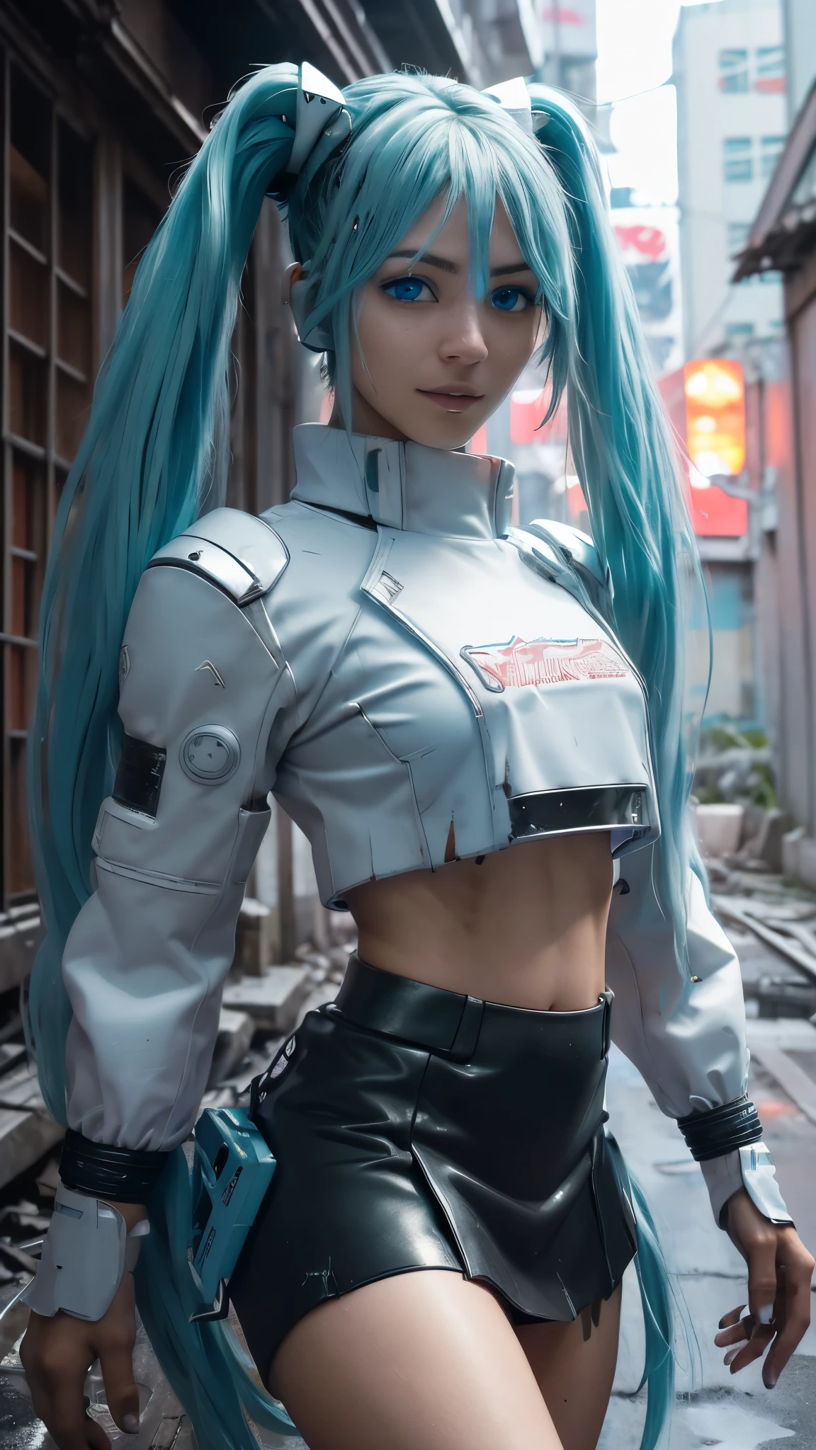 (La mejor calidad,A high resolution,Ultra - detallado,actual), Miku Hatsune, ,(Ruined alley Tokyo cyberpunk dungeon ruins background :1.4 ), pechos grandes, dynamic pose , (pelo verde colas gemelas) ,(miniskirt white corta:1.4), cabello muy largo) , pon tus b, cara relajada, pelo de las cejas, cabello brillante,,(Fondo de ruinas de mazmorra en ruinas cyberpunk :1.4 ), piel brillante, una ligera sonrisa, Racing Miku, cuerpo negro, chaqueta corta, (chaqueta blanca:1.4), mostrando vientre plano, , manga larga, guantes de dos tonos, botas altas de muslo,,(Fondo de ruinas de mazmorra en ruinas nublado lluvia :1.4 ),(Obra maestra: 1.4), (8k, realista, foto cruda, La mejor calidad: 1.4),(Miku Hatsune:1.4), (Miku hatsune V2.1), (Detalles de la cara: 1.5, (ojos azules hermosos detailed :1.4) , hermoso rostro, ojos bonitos, Iris lining, labios delgados: 1.5, delgado, pale and sharp eyebrows, Largo, dark eyelashes, double eyelashes), (dedos detailed : 1.5) ,( dynamic pose), (perfect anatomy), (face detailed :1.4), , (Hatsune Miku Cosplay),( no mutaciones), ,(Fondo de ruinas de mazmorra en ruinas cyberpunk :1.4 ), EasyNegative, huge breasts, Airbrushed, cgi, monochrome, (black and white), large head, oversize head, disproportionate body