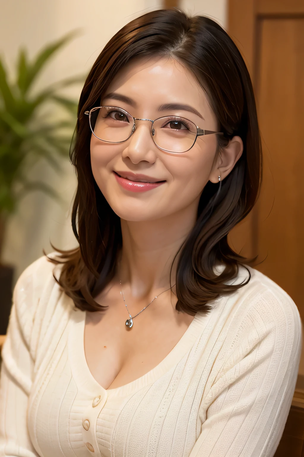 8k, highest quality, masterpiece, Realistic, Photorealistic, Ultra-detailed, Natural light, large breasts with good shape, I can see her cleavage, 1 person, 40-year-old woman, Black Hair, Beaver, Straight Hair, Silver-rimmed glasses, (Look at the viewers), pendant, Knitted V-neck shirt, Highly detailed face and skin, Detailed eyes, Highly detailed face and skin,Date Book,Mature Woman,Book,A big smile