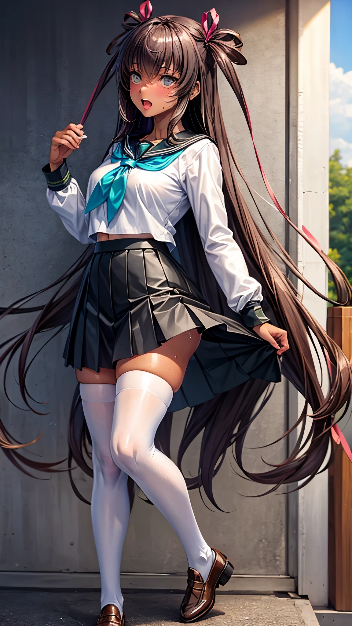 highest quality,masterpiece,8k,1girl,medium breasts,orgasm,blush, sweat,mini skirt,lift skirt,upskirt,white panties,hair ribbon, , green shirt, serafuku, white neckerchief, long sleeves, pleated skirt, black skirt, black thighhighs, loafers