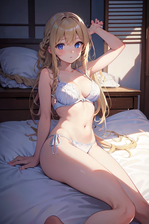 masterpiece, highest quality, High resolution, 、blue eyes、
blonde,  Braiding, White bra、White panties、Japanese-style room、Itashiki、Lie down