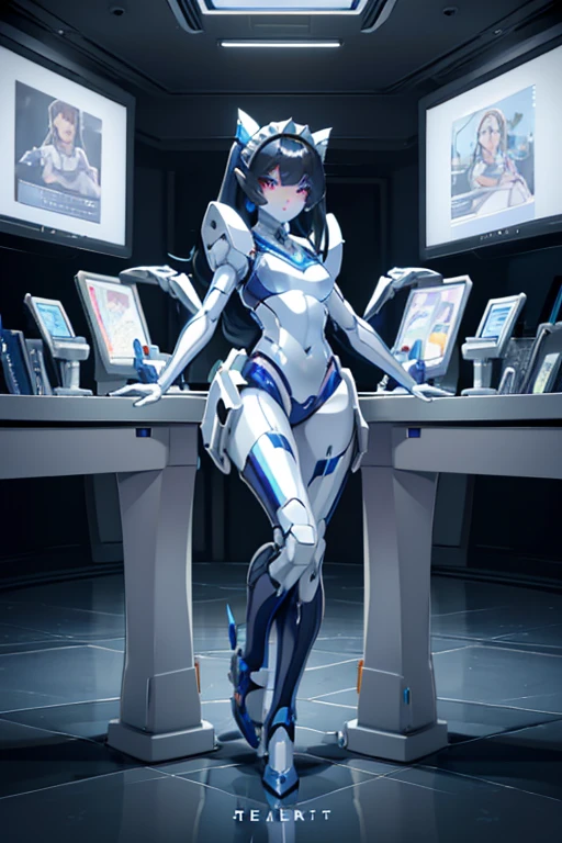 A very beautiful and versatile maid robot,
 The face is a beautiful woman's face,
 The arms and legs are human arms,
 The rest are machines.,
 Full Body Shot,
 Masterpiece,
 All kinds of home appliances are installed in the machine part..,
