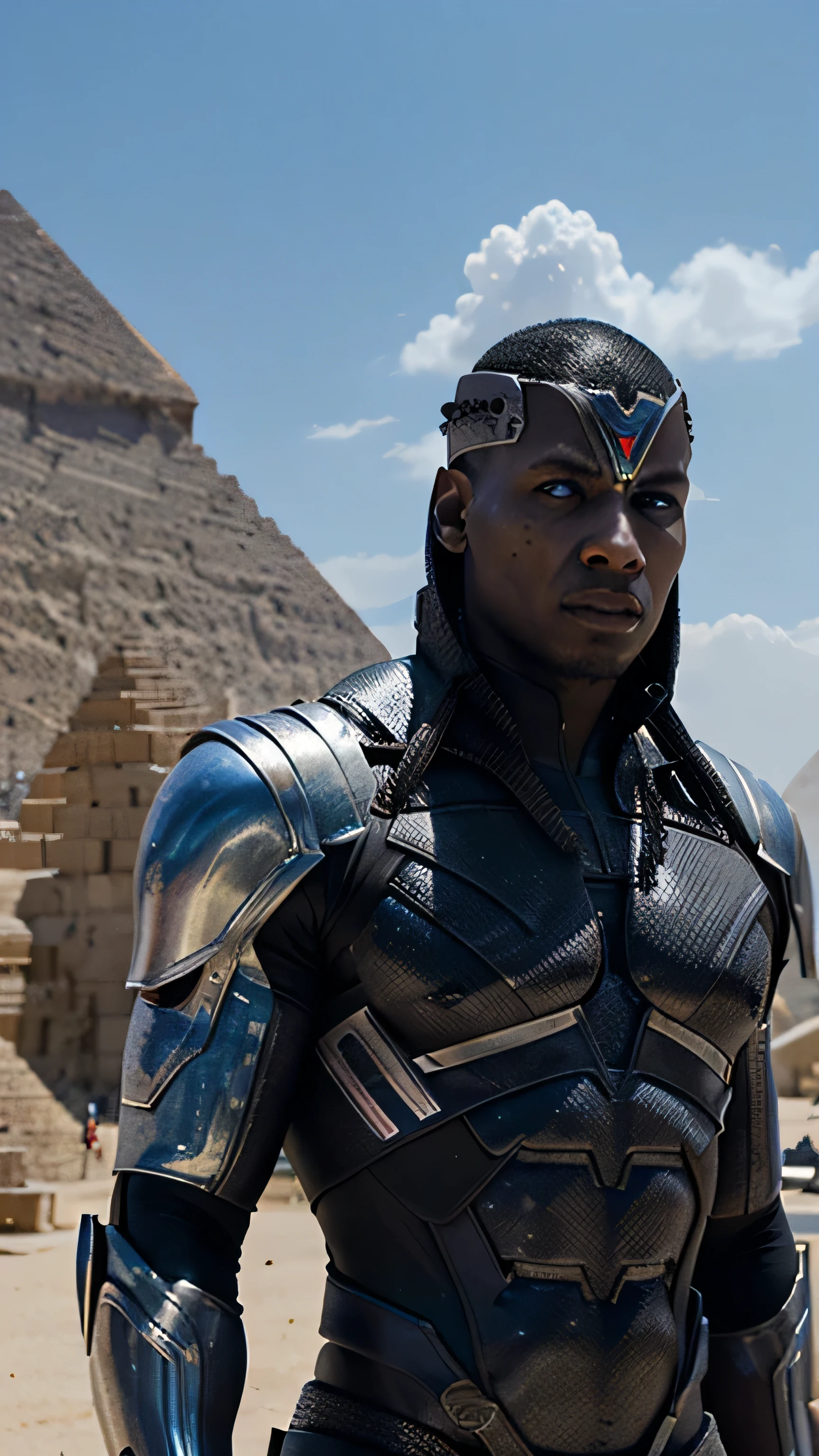 Apocalypse X - Men universo Marvel (Dwayne Jhonson) en Egipto antiguo. His skin is metallic gray. Futuristic carbon fiber armor with pharaonic details. Ojos color rojo y labios azules. Sin cabello. Technological tattoos on his body and part of his head. Behind the pyramids in the distance.