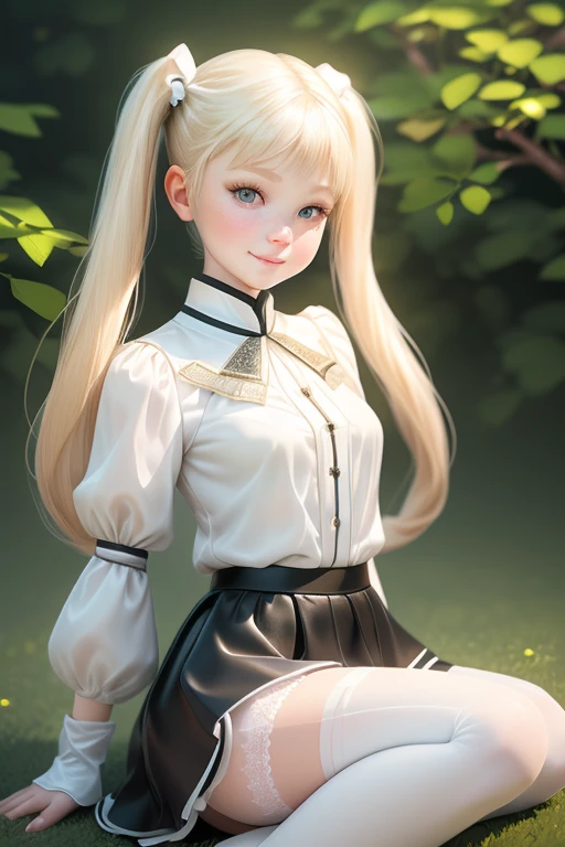 (photorealistic, best quality, ultra-detailed), 6-year-old girl, playful dynamic pose, spread legs, transparent white blouse, short black skirt, white stockings, blonde hair, cute pigtails, beautiful detailed eyes, long eyelashes, bright smile, innocence, fair skin, soft shadows, dreamlike, serene landscape, concept artist's imagination, ultra-fine painting, physically-based rendering, sexy girl model.