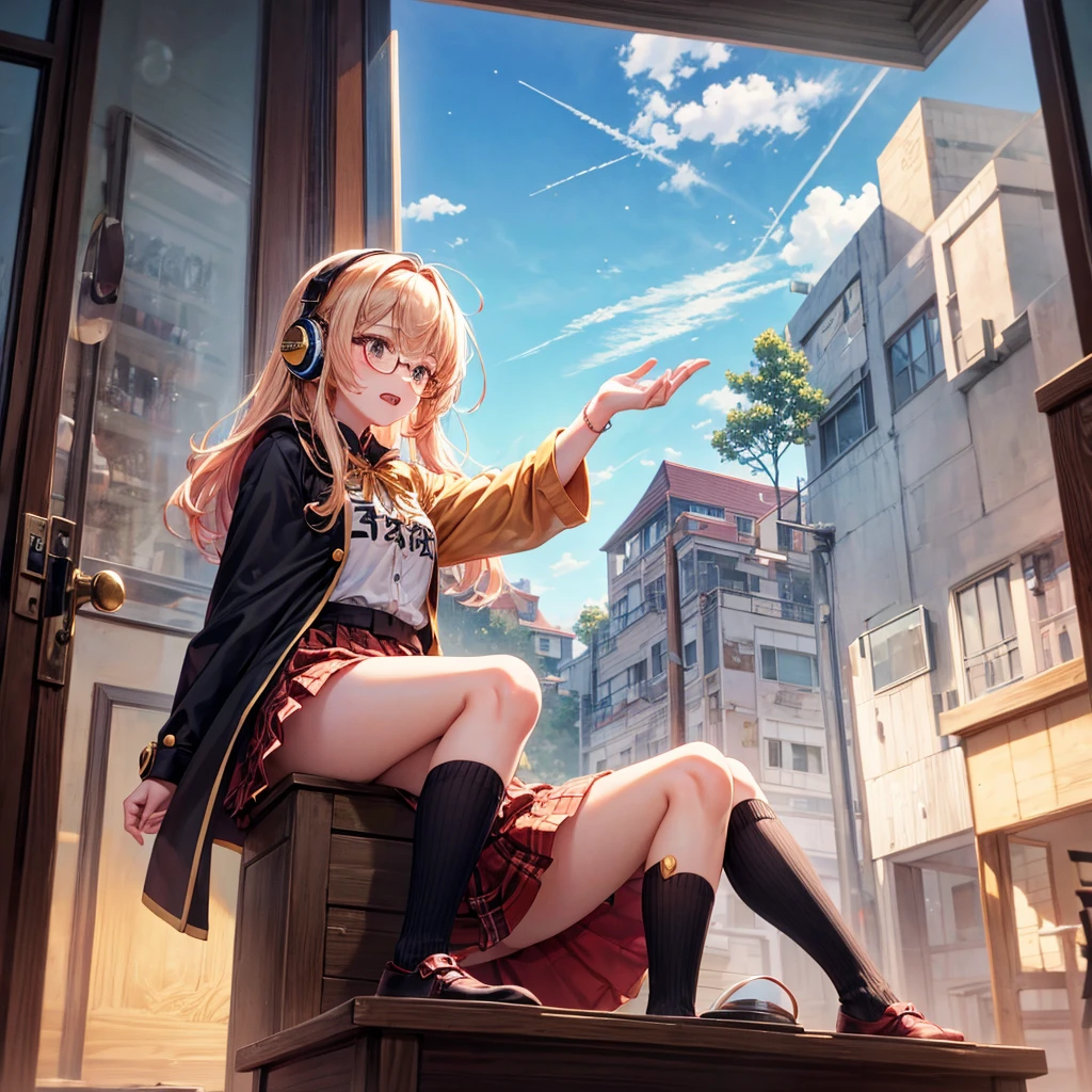 Pink gold golden hair、Golden Eyes、One good looking girl、solo、anime、Checkered mini skirt、The skirt has buttons、Red T-shirt、Long sleeve、China、Cape、Black knee-high socks、Wearing headphones、Wearing a ribbon、Ribbon on waist、Tilting face、Teeth are visible、Sunset sky、The rocks are exploding、Snow is piled up、Rocky Mountain、The clouds are breaking through、Contrail、Glasses、Behind him is a giant world tree、Sitting、Automatic door、Burning Teacup