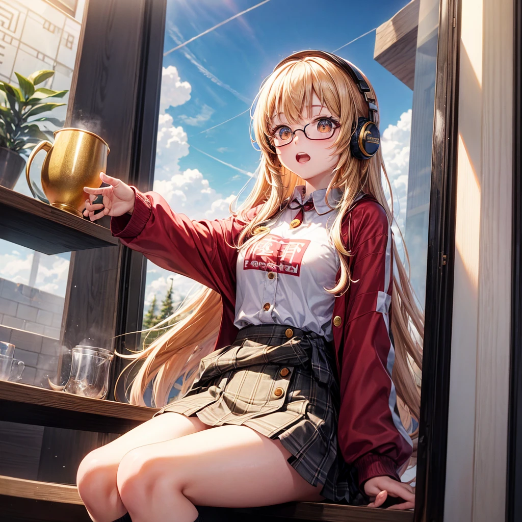 Pink gold golden hair、Golden Eyes、One good looking girl、solo、anime、Checkered mini skirt、The skirt has buttons、Red T-shirt、Long sleeve、China、Cape、Black knee-high socks、Wearing headphones、Wearing a ribbon、Ribbon on waist、Tilting face、Teeth are visible、Sunset sky、The rocks are exploding、Snow is piled up、Rocky Mountain、The clouds are breaking through、Contrail、Glasses、Behind him is a giant world tree、Sitting、Automatic door、Burning Teacup