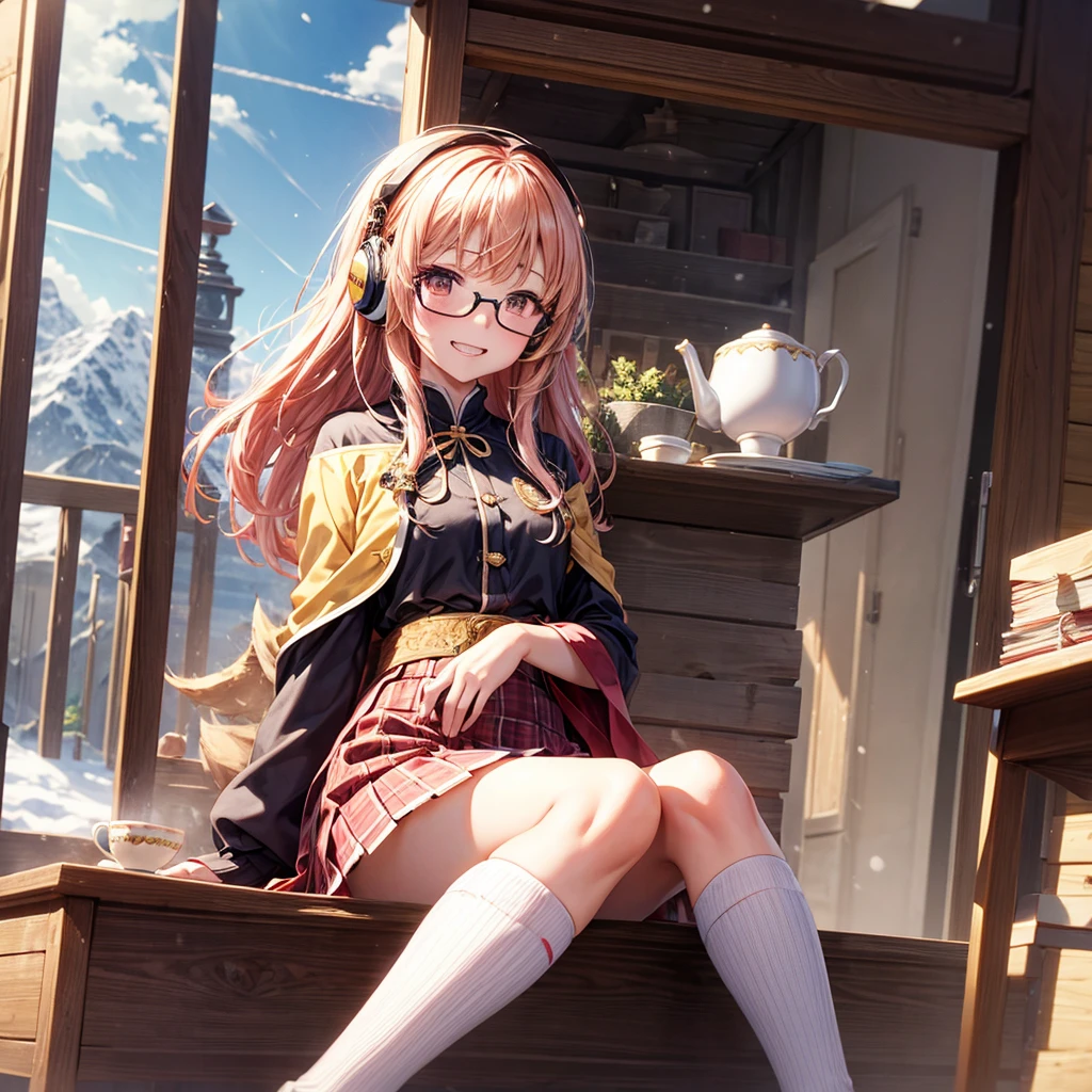 Pink gold golden hair、Golden Eyes、One good looking girl、solo、anime、Checkered mini skirt、The skirt has buttons、Red T-shirt、Long sleeve、China、Cape、Black knee-high socks、Wearing headphones、Wearing a ribbon、Ribbon on waist、Tilting face、Teeth are visible、Sunset sky、The rocks are exploding、Snow is piled up、Rocky Mountain、The clouds are breaking through、Contrail、Glasses、Behind him is a giant world tree、Sitting、Automatic door、Burning Teacup
