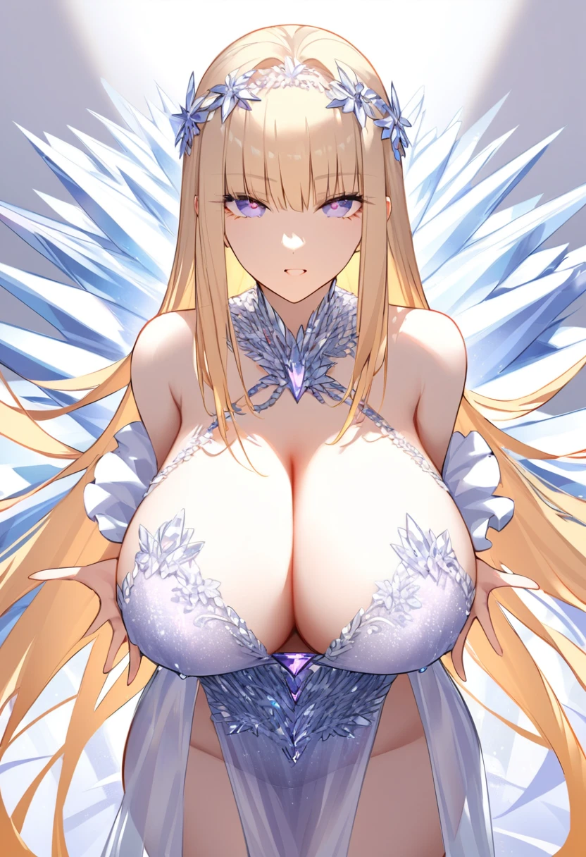 Cristalina, 20 years old, half naked, long blonde hair, light lilac eyes, huge breasts, white crystal dress, in the director&#39;s room of the Royal Academy at night.hentai