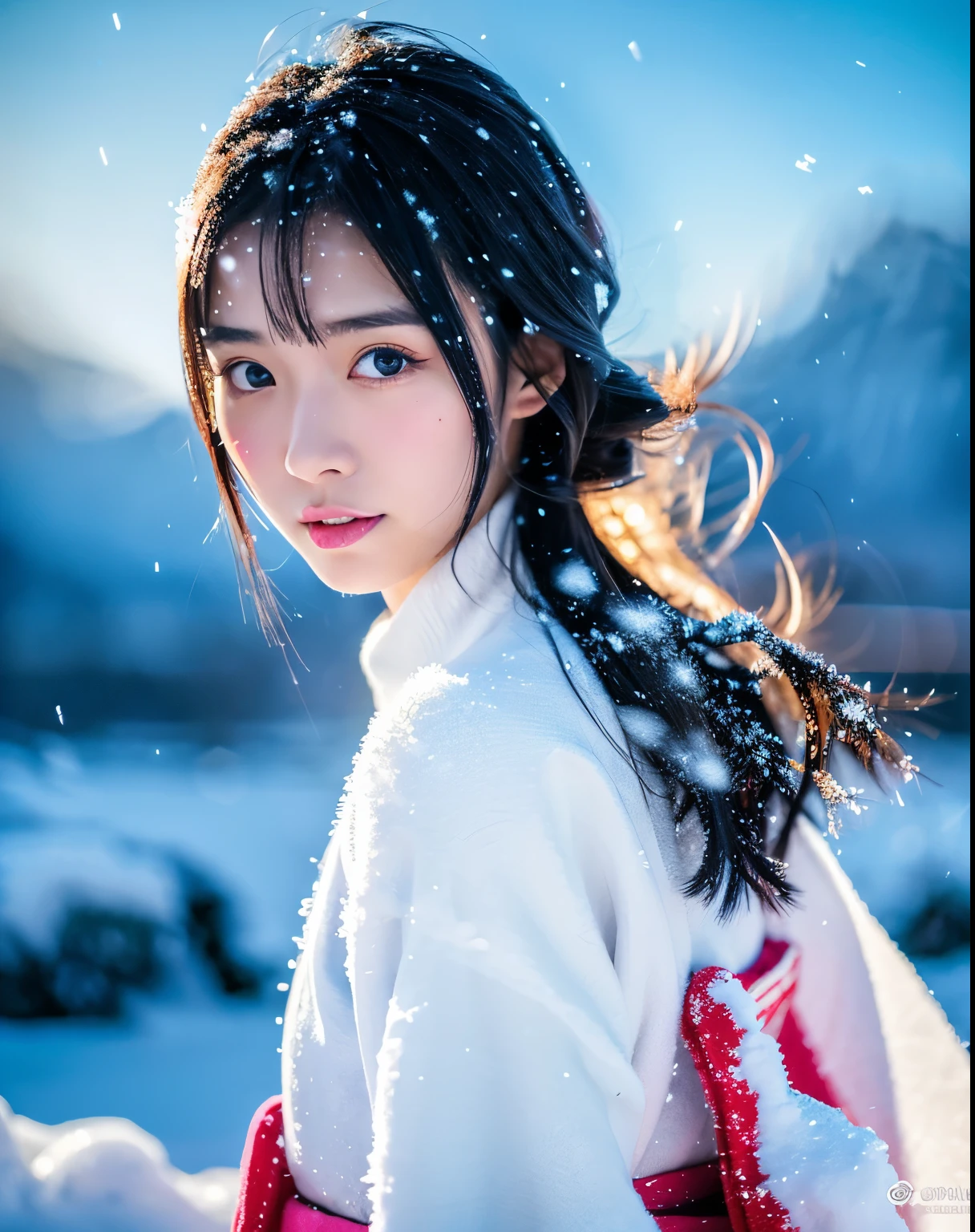 (highest quality, 8k, High resolution, masterpiece:1.5, ), Beautiful Japanese Girl, Snow Girl, 20-year-old, Perfect Human Anatomy, Big magic eye, Serious expression, Detail of windblown black hair, Long hair that shines like the aurora, Asymmetrical bangs, Smooth and soft white skin, ((White kimono)), High-quality fabric, (Colorful glowing snow effect:1.3), ((Snowy mountains in a blizzard)), Professional Lighting, Professional Photographer, Professional Model