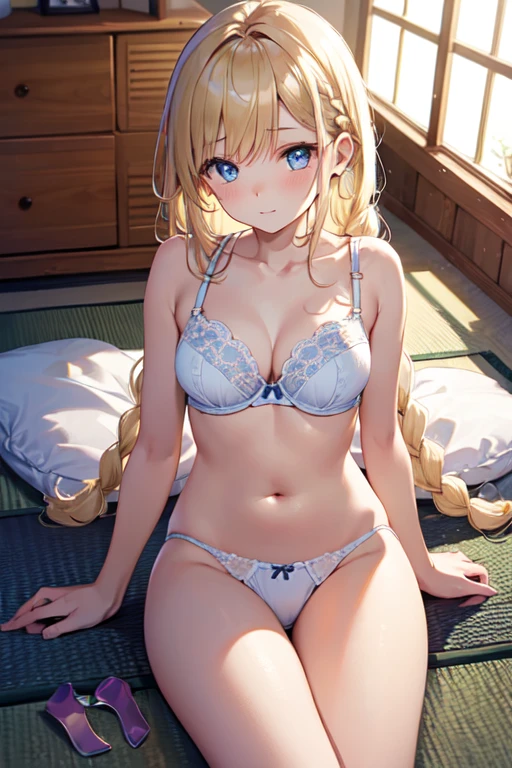 masterpiece, highest quality, High resolution, 、blue eyes、
blonde, Braiding, White bra、White panties、Japaneseroom、Itashiki、Lie down