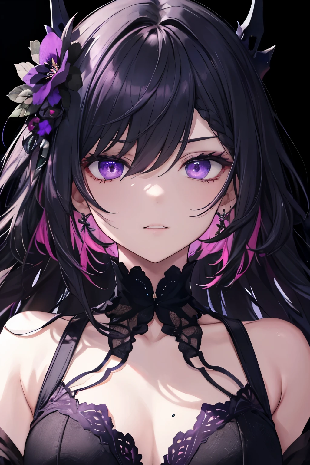 ((best quality)), ((masterpiece)), (detailed), perfect face, black hair, purple two-tone hair, dark purple hue, purple eyes, menacing look, desolate background, black flower hair accessory, detailed eyes,