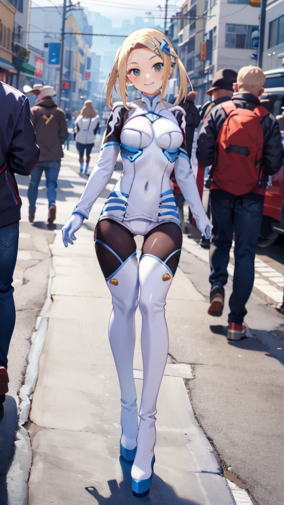 masterpiece, highest quality, High resolution,(full body),yuzuhaho,hairclip, hair ornament, bodysuit, gloves, pantyhose, thigh boots, Cowboy Shot, Are standing, Outdoor, smile,
