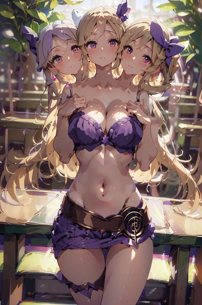 (masterpiece, best quality), best quality, (ultra-detailed), (3heads:1.5), 1girl, (watatsuki no toyohime:1.3), masterpiece, best quality, ultra quality, ultra resolution, ultra detail, dark blue top, crop top, ((stomach)), midriff, ((groin)), dark blue skirt, normal ears, shackles, sandy blonde hair, very long hair, wavy hair, sidelocks, purple eyes, parted lips, sweat, cute, toned belly, hand on own chest, eyelashes, (24 year old woman:1.3), (masterpiece:1.5), (best quality:1.5), (beautiful detailed), extremely detailed CG, extremely delicate and beautiful, depth of field, (finely detailed face), (perfect details:1.2), (mature female:1.3), wide pelvis, slender, large veiny breast, 16k resolution, highres, very high quality, very high definition, extremely detailed, masterpiece, sandy blonde hair, long hair, alluring presence, braid, short skirt, close up, big , young, white bonnet, red bow,
