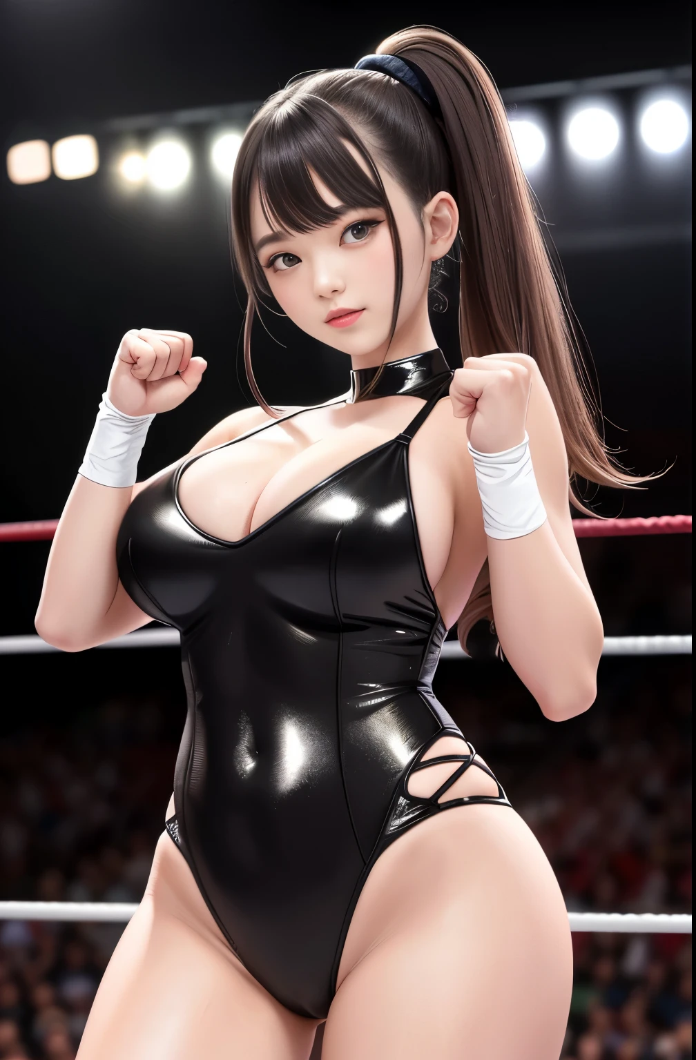 ((A girl with a very young face)), ((highest quality)), (カメラ目線でとてもBig Breastsの10歳)、、Brown Hair, Narrow crotch、A professional wrestler with a very young face, ((Super high cut glittery wrestling costume)),, Professional wrestling ring、(Natural Makeup)、metallic、cute、Plump thighs、Big Breasts、Standing in a wrestling match、Dark Background、、Very small waist、Girl in the spotlight、Hair Scrunchie、A girl with a very young face and twin tails、(A girl with a very young face smiling and raising her fist)、(A clean hip joint)、Bare arms、Clear chest、NSFW:0.99