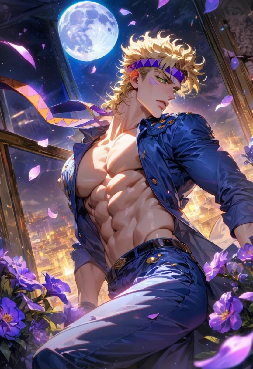 absurdres, highres, ultra detailed, HDR, master piece, ultra detailed picture, extremely detailed face and eyes, Caesar Anthonio Zeppeli, blonde hair, expressive green eyes, Jojo bizarre adventure, sexy man, solo, handsome, blue coat, white shirt, purple headband, blue pants, toned chest, moon, window, purple flowers, petals, purple shining lights