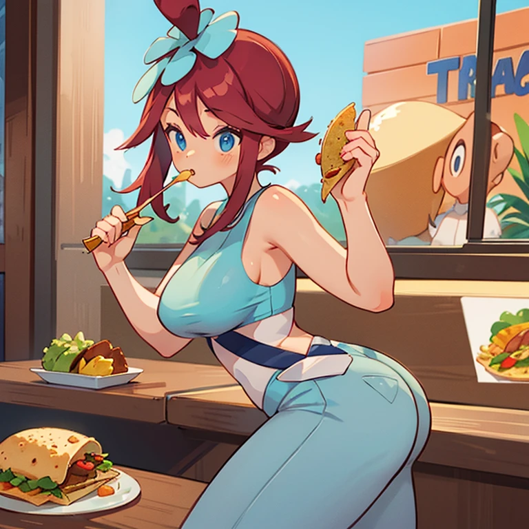 2 women in a tank top and slim jeans eating a taco at a taco shop　The cola is on the table　Large Breasts　Big Ass chubby