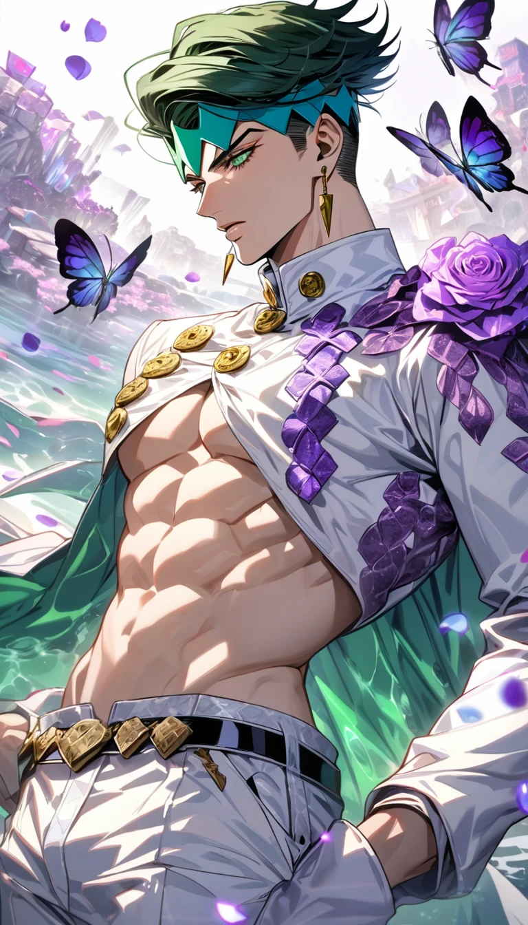 Ultra detailed, HDR, Highres, absurdres, master piece, Kishibe Rohan, dark green hair, expressive green eyes, white long coat with patterns, Jojo Bizarre Adventure, toned chest, purple glittering butterflies, purple ice, petals, purple ice roses, sexy man, solo, extremely detailed face and eyes, extremely handsome, glittering, water, white pants,