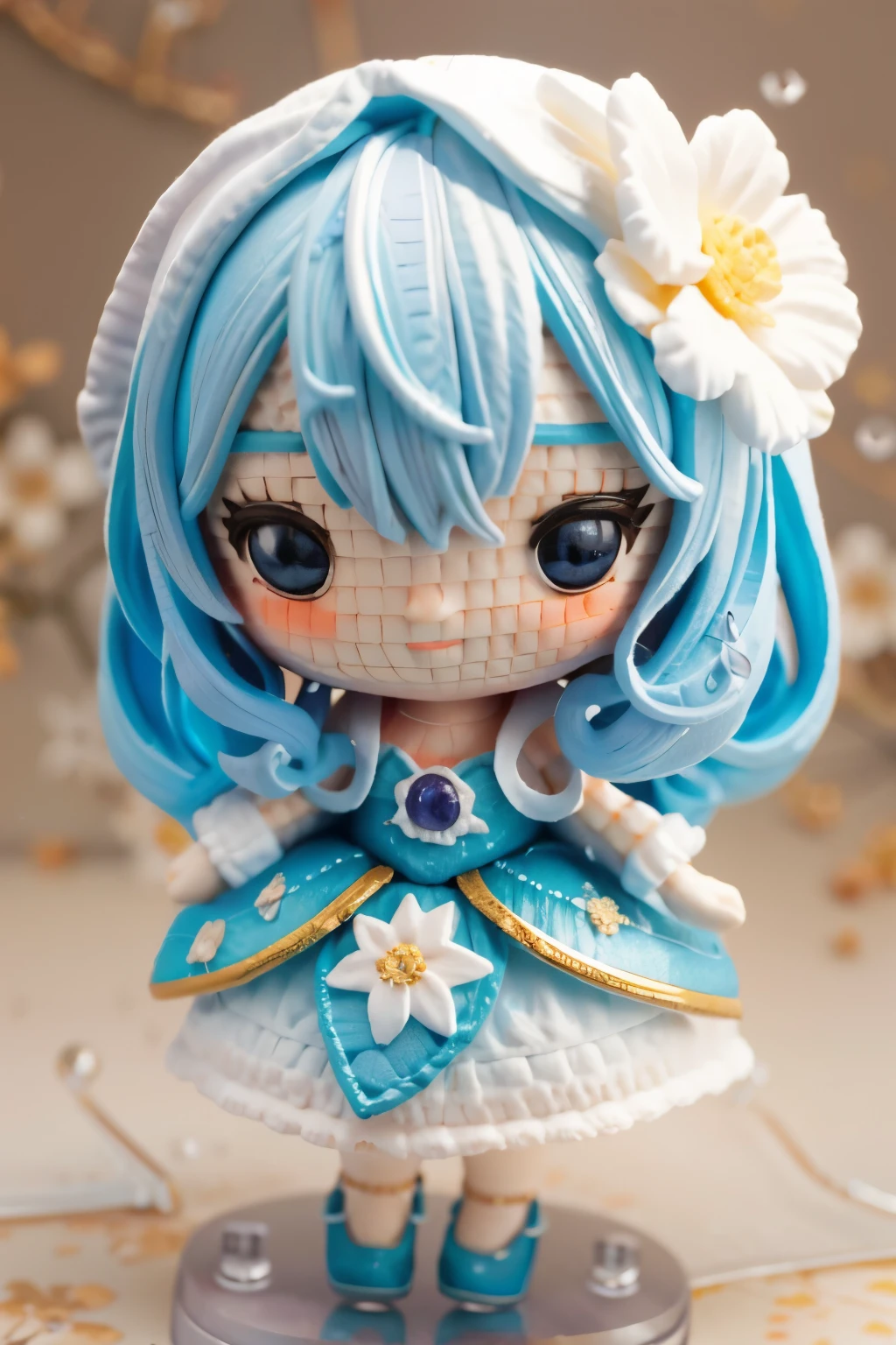 The photo is real、Doll standing in front of the painting(Nendoroid)、smile、Water drops on cheeks、In a cute pose、水彩Nendoroid、(High definition figure)、Flowing iridescent silk、Close-up of face、Eyes、Heart patterned contact lenses、Heart shaped flowers in hands、Nendoroidの前にも花あり、petal、season!!: summer☀ 🍂