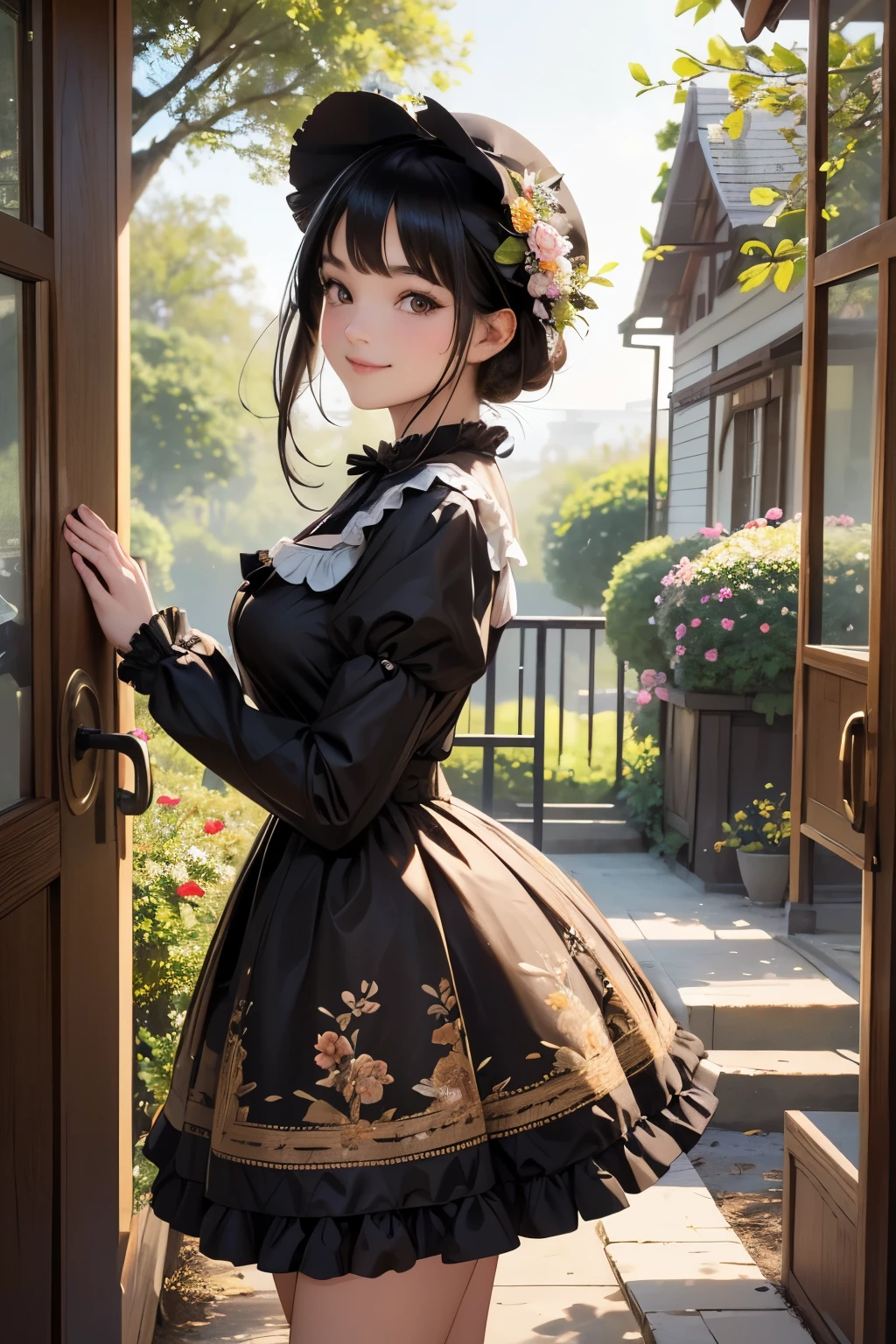 ((Super detailed,ultra high resolution,detailed background)),ancient city,dark forest at night,spooky,Chill,Inspiration,1 girl,wearing a minidress、Wearing a white collared long-sleeved blouse、facing away