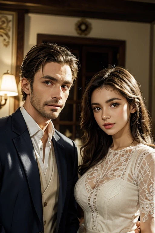 create for me an image of a man and a woman in love, the man has fair skin, body healed, striking face, strong, well-defined jaw, dark thick eyebrows, greeneyes, expression would be, voluminous, wavy light brown hair, beard made, wears a white button-down shirt , a pair of brown pants with leather suspenders. The woman has an impressive beauty, with long, wavy black hair that usually falls loosely over her shoulders. Your eyes are big and expressive, light brown in color, transmitting intensity and intelligence. She has delicate facial features, with smooth and clear skin, rosy cheeks and full lips, your body is slim with curves, wears a white dress with delicate embroidery.