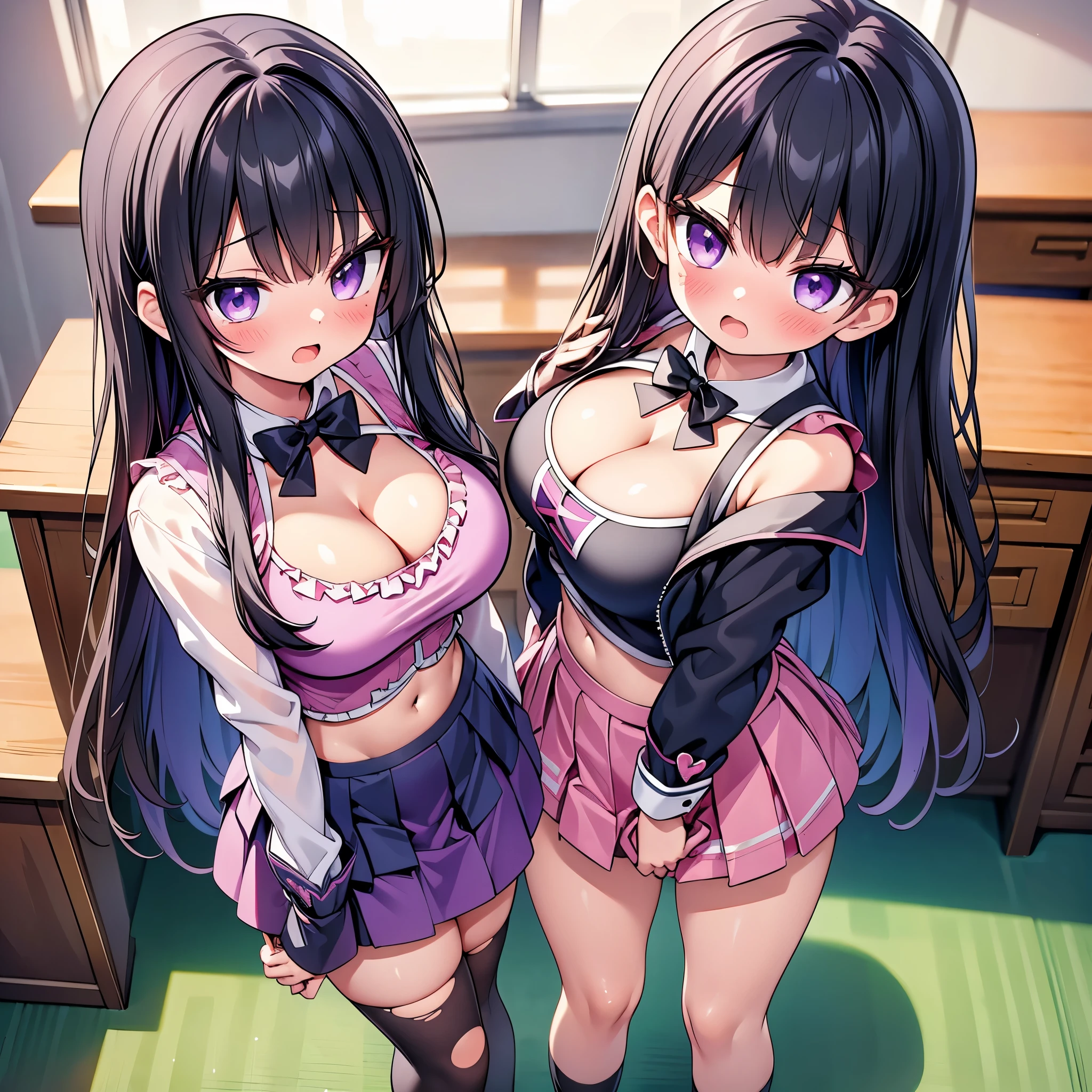 (8K、Best image quality、highest quality、masterpiece)、Detailed face、(2 girls, Black Hair, Purple Eyes, long hair)、Improve、(magical pink girl outfit,frill mini skirt:1.2), (glamorous), (huge breasts:1.1), (cleavage cutout), (torn clothes:1.6), (open mouth), (embarrassed), Classroom Background, (black stockings), (Thighs), (Waistline), (close-up shot of bust), (from above:1.2)