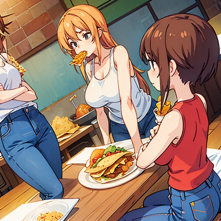 A woman in a tank top and slim jeans eating a taco at a taco shop The cola is on the table Large Breasts Big Ass